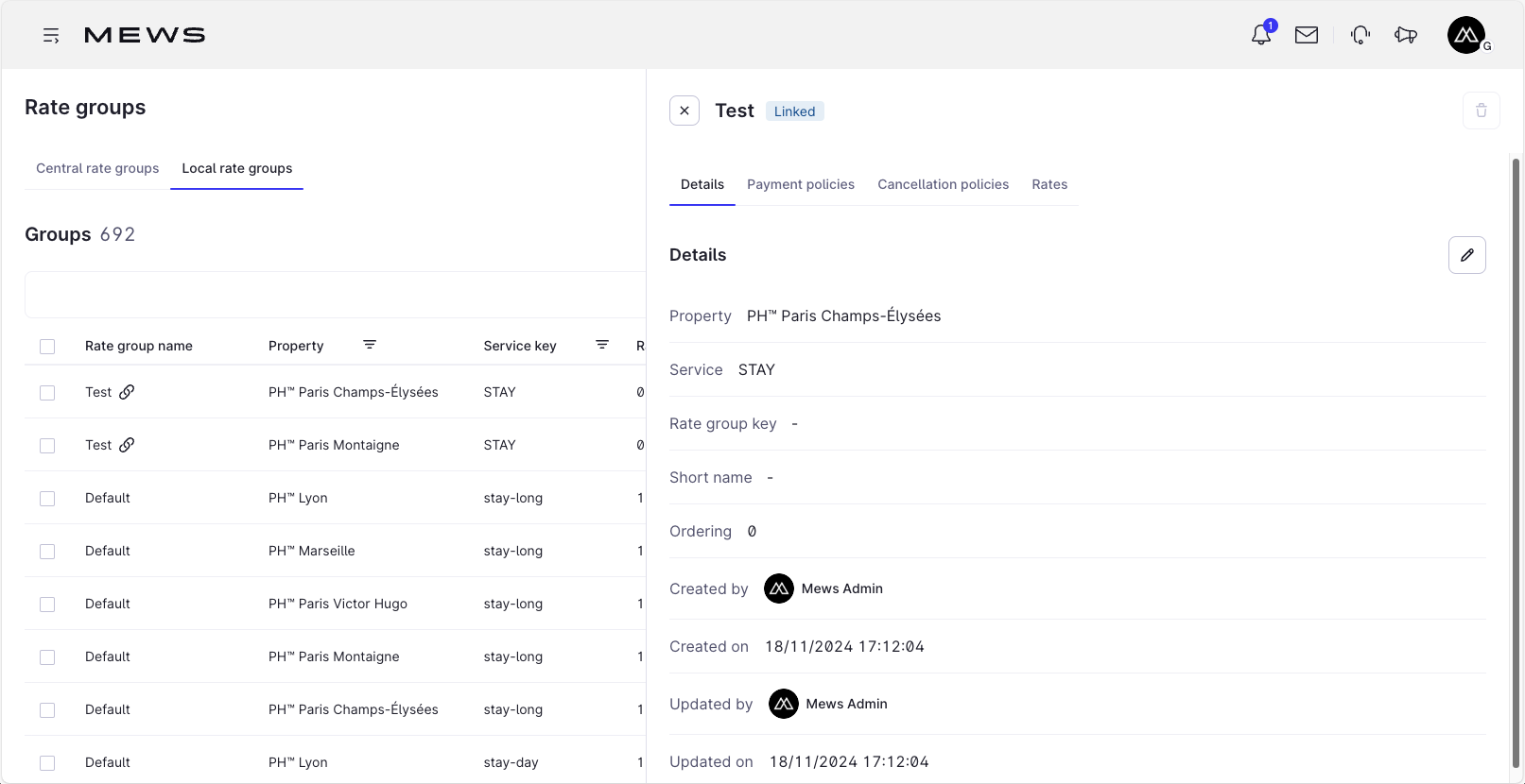 local rate groups details tab