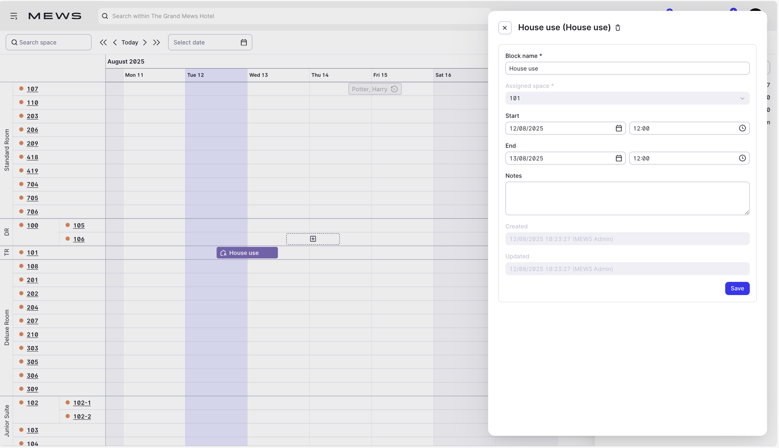 Timeline screen displaying the edit options for a house use reservation.