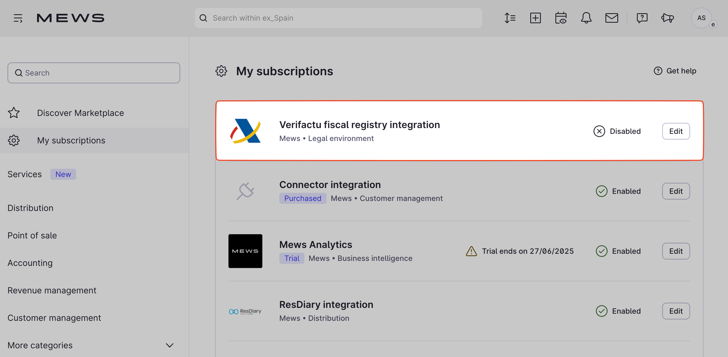 Disabled state integration screen in marketplace