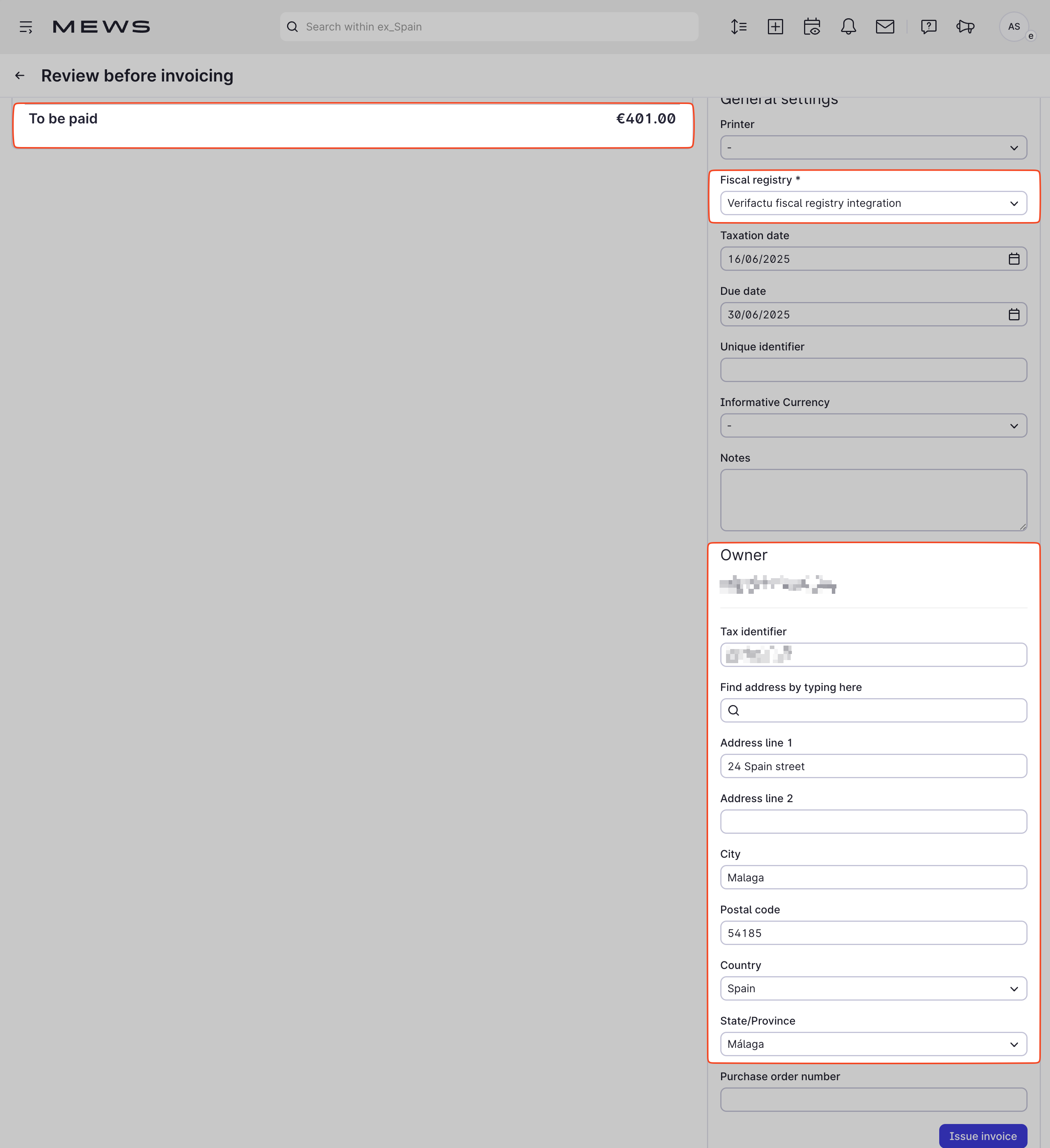 Owner review fields screen of invoice