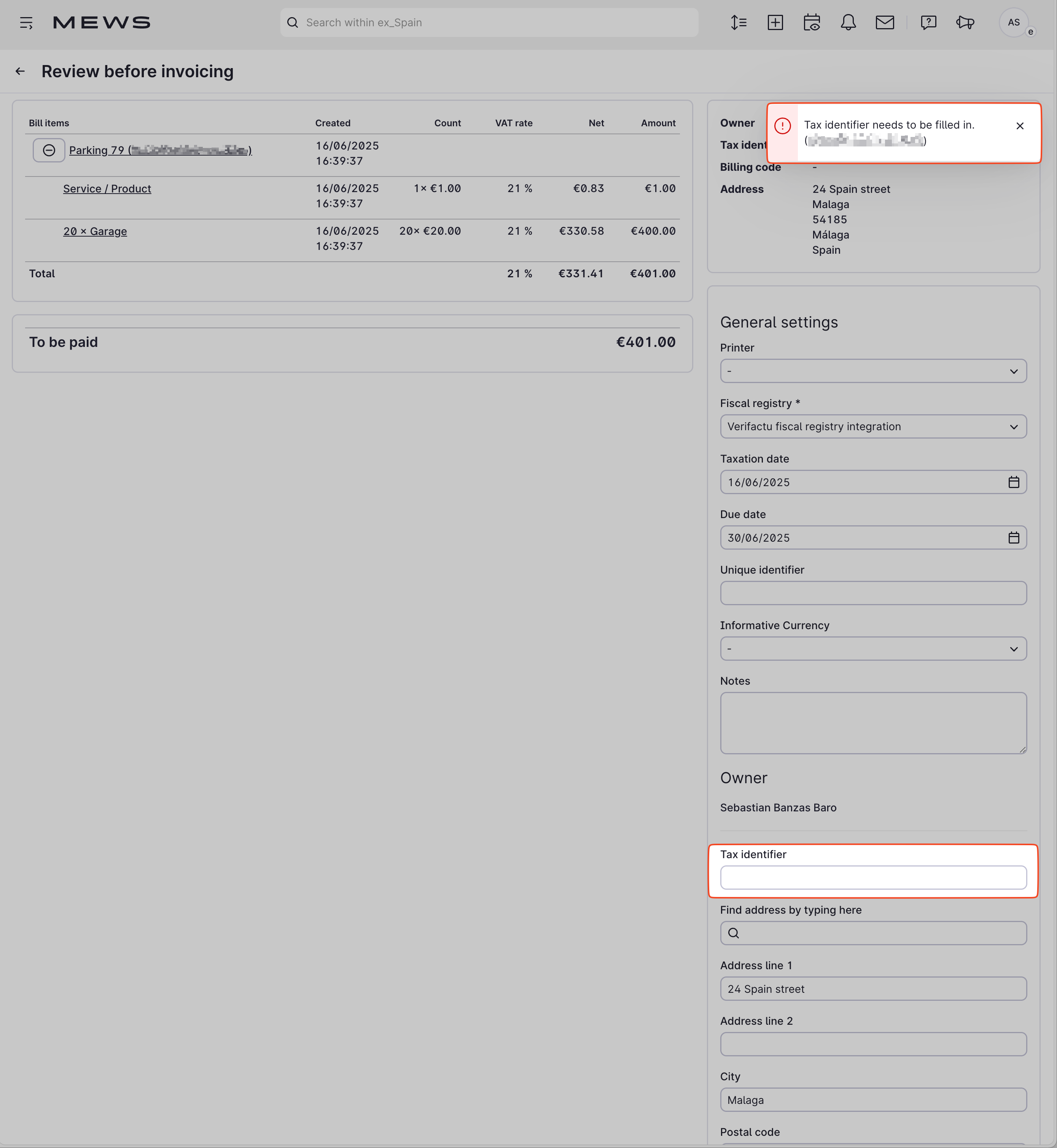 error message no tax identifier screen