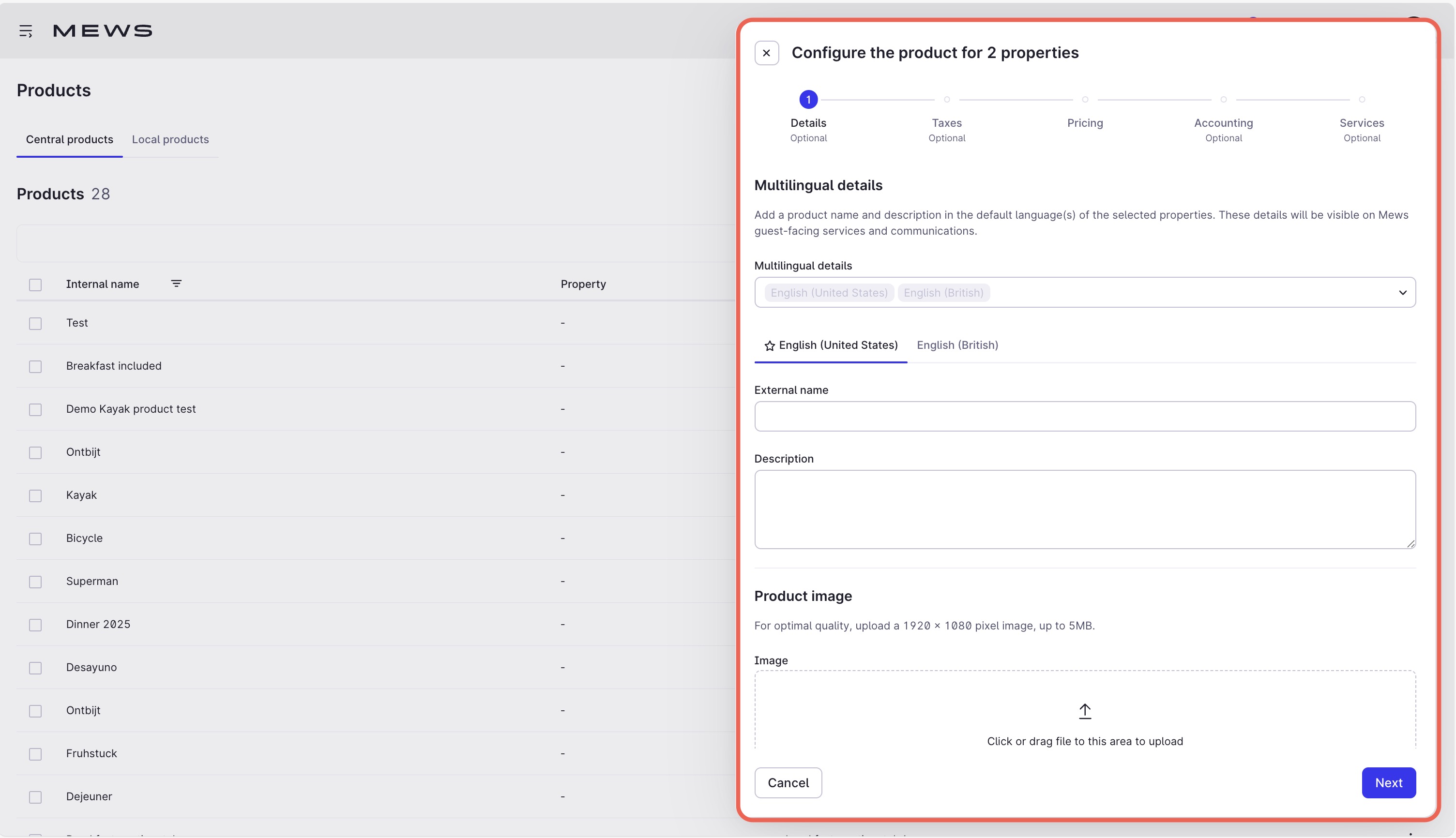 Configure the central product in Mews Multi-Property screen