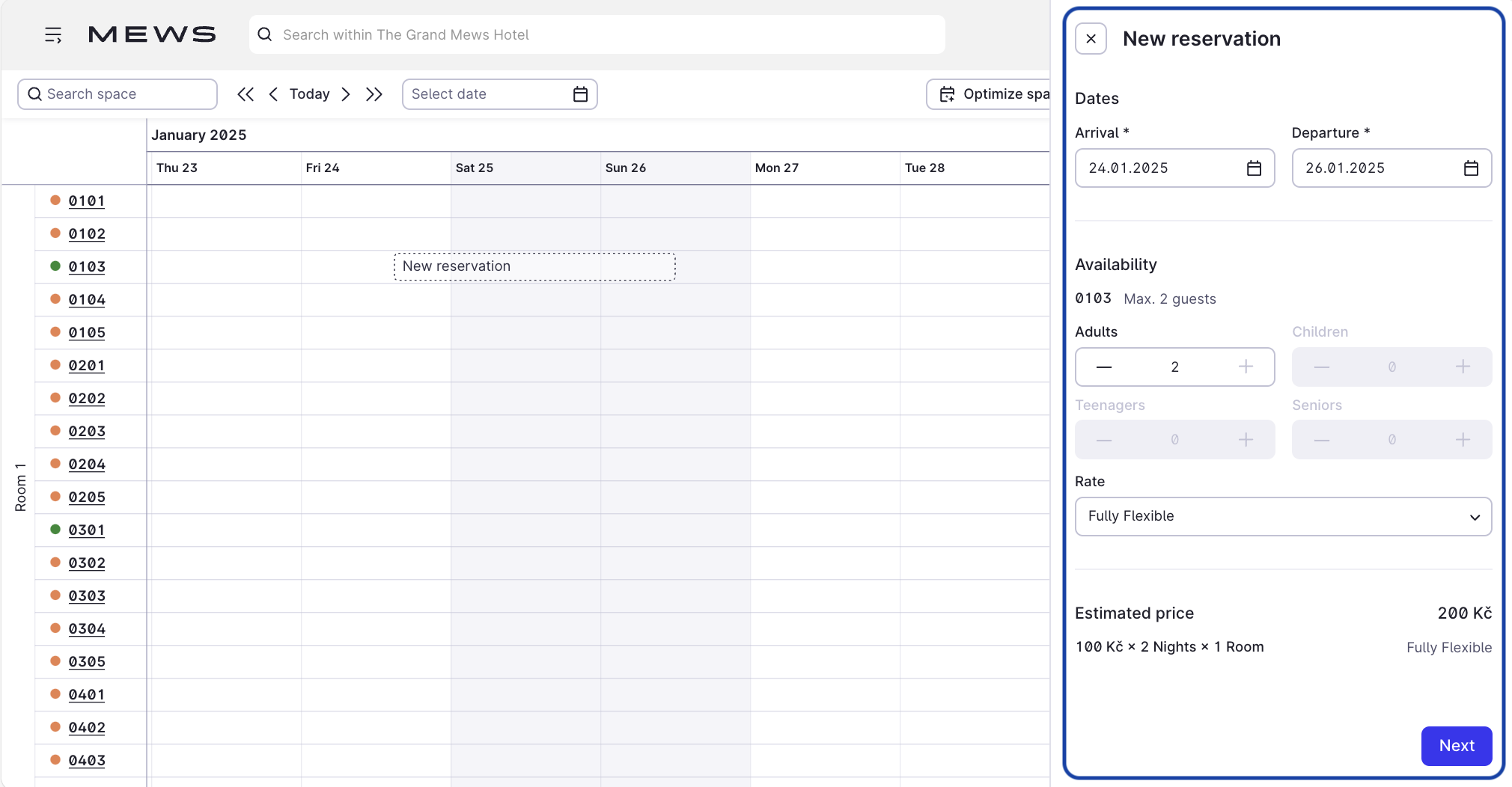The Timeline view with smart window opened for a reservation