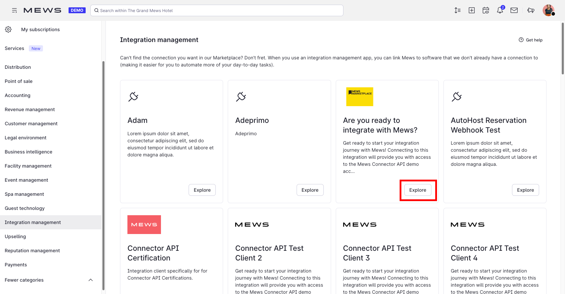 Mews Operations Mercado de integraciones - Haz clic en Explorar