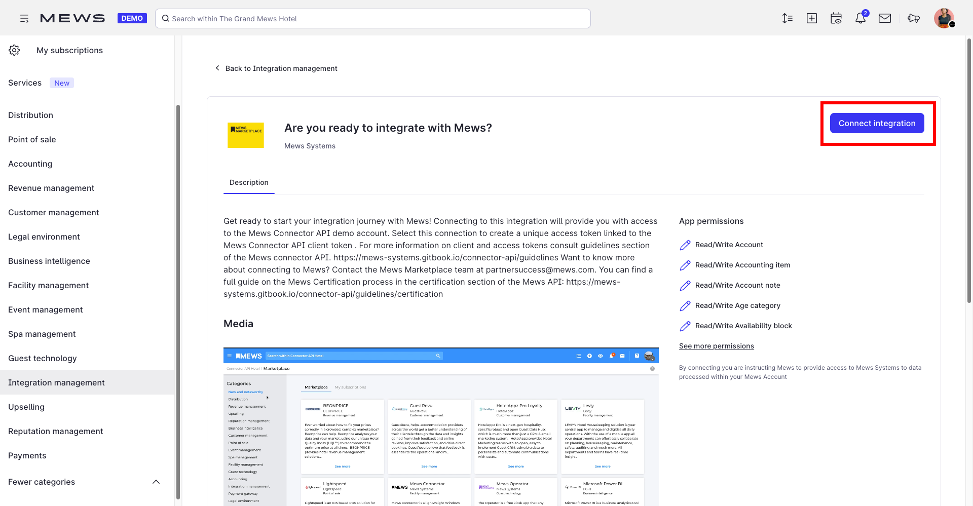 Mews Operations Integraciones Marketplace- Integración Connect