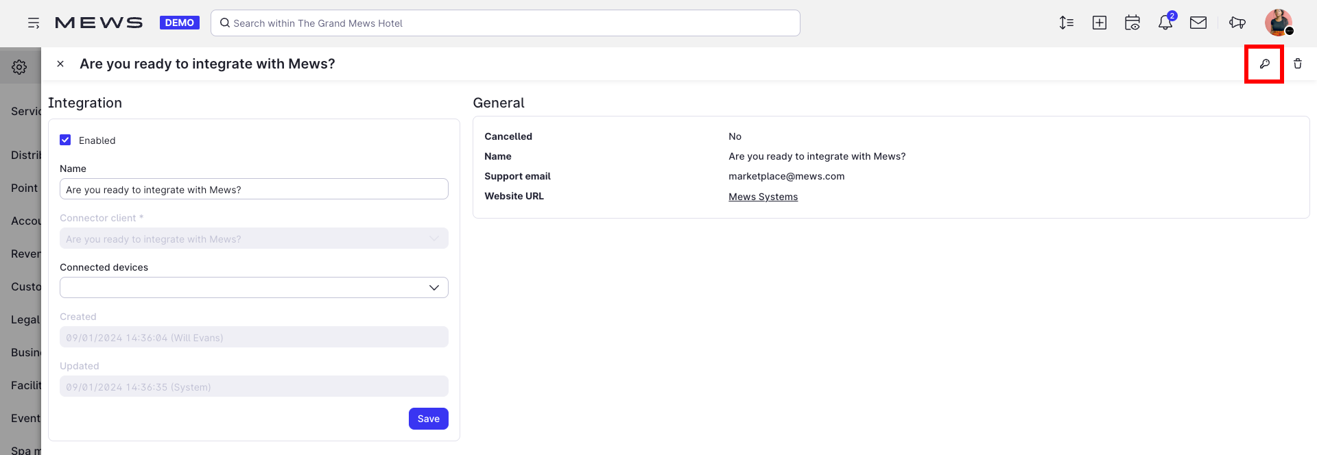 Mews Operations Token de acceso al cliente de integración