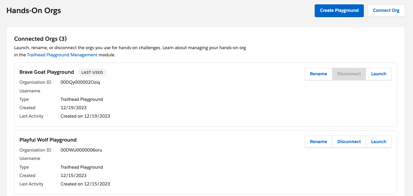 Liste des terrains de jeux de Salesforce Trailhead