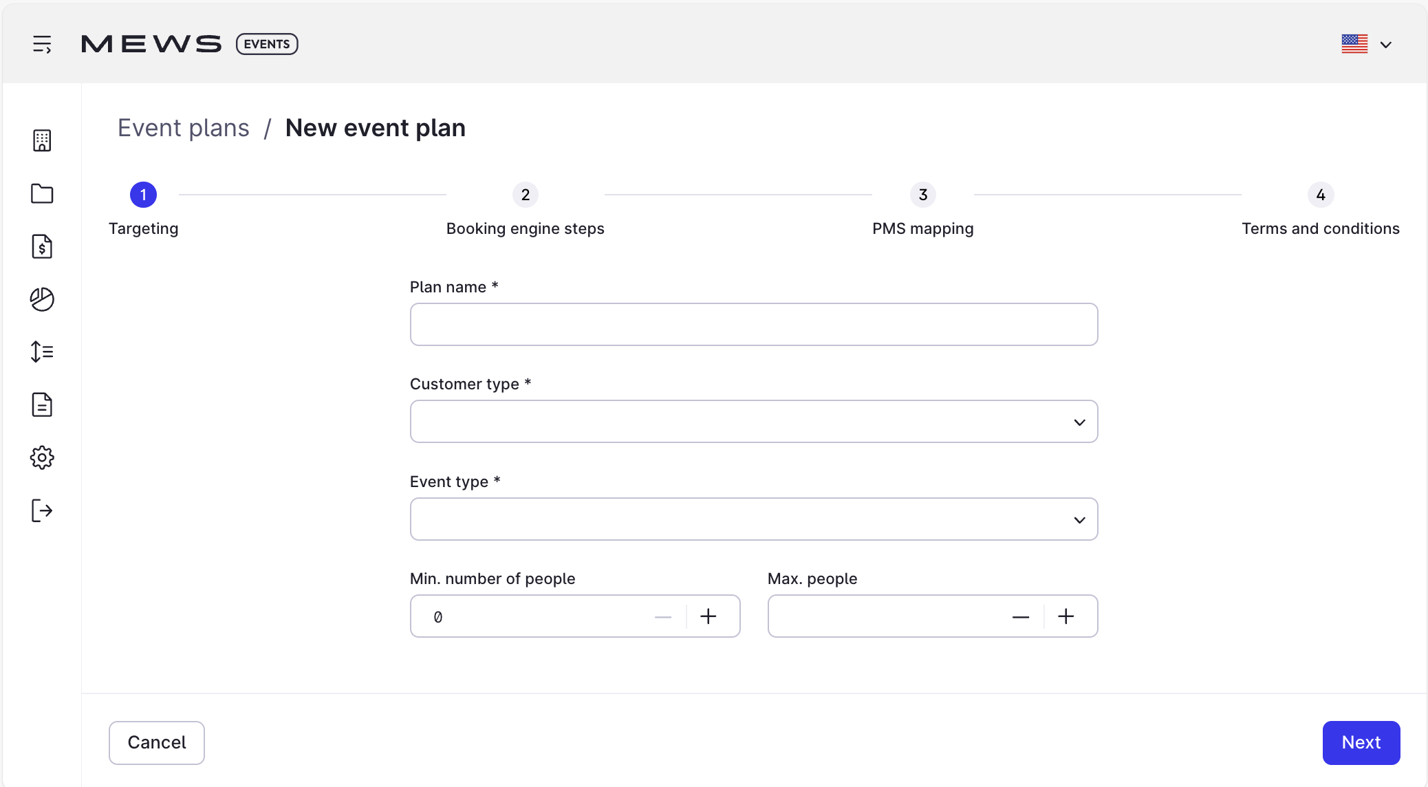 Der Zielbildschirm in Mews Events