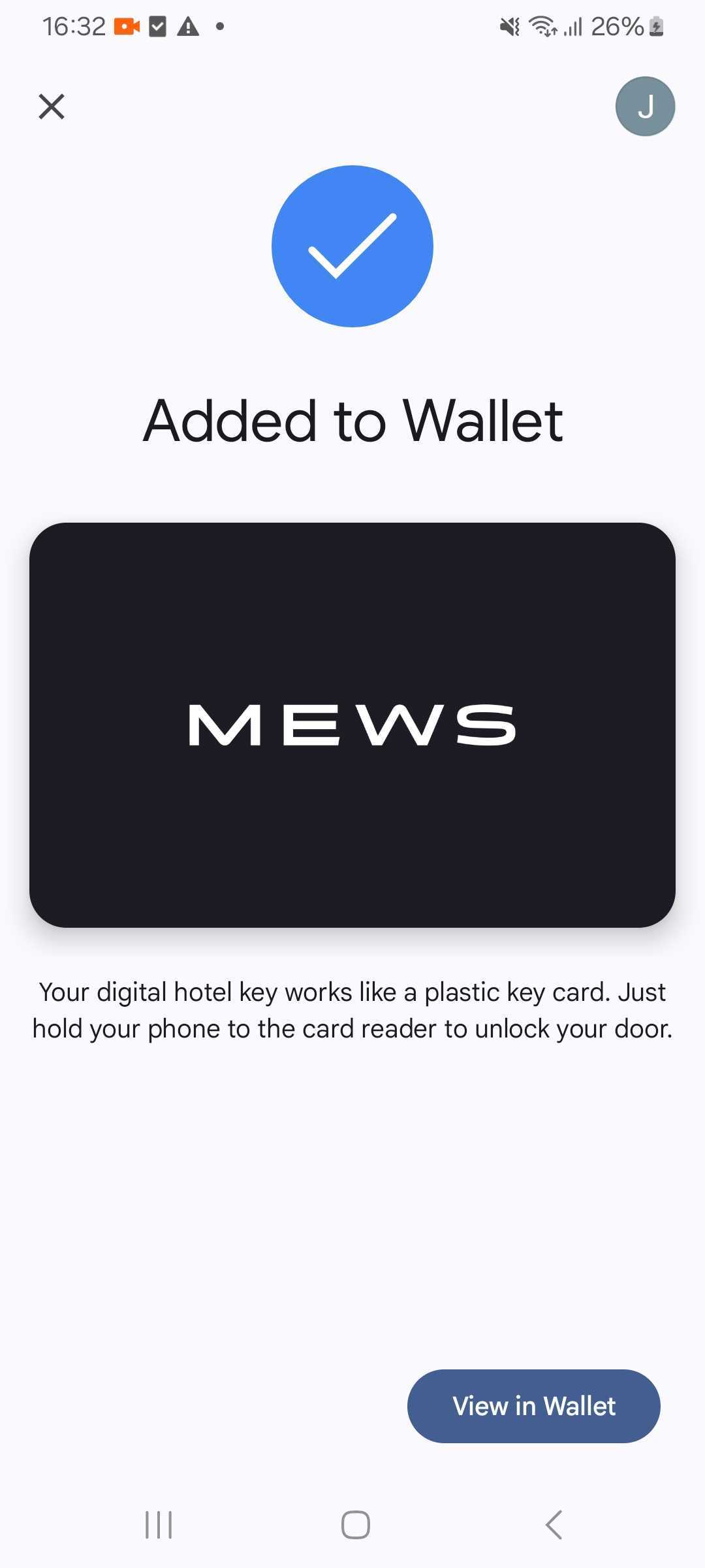 View in wallet screen