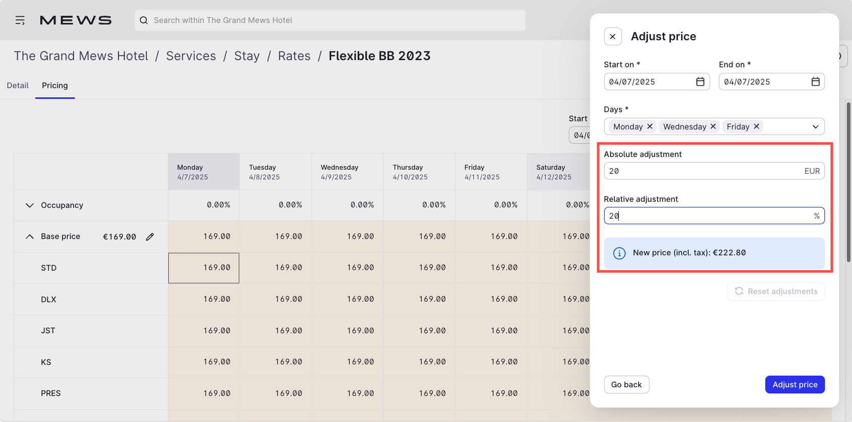 Absolute relative adjustment new price