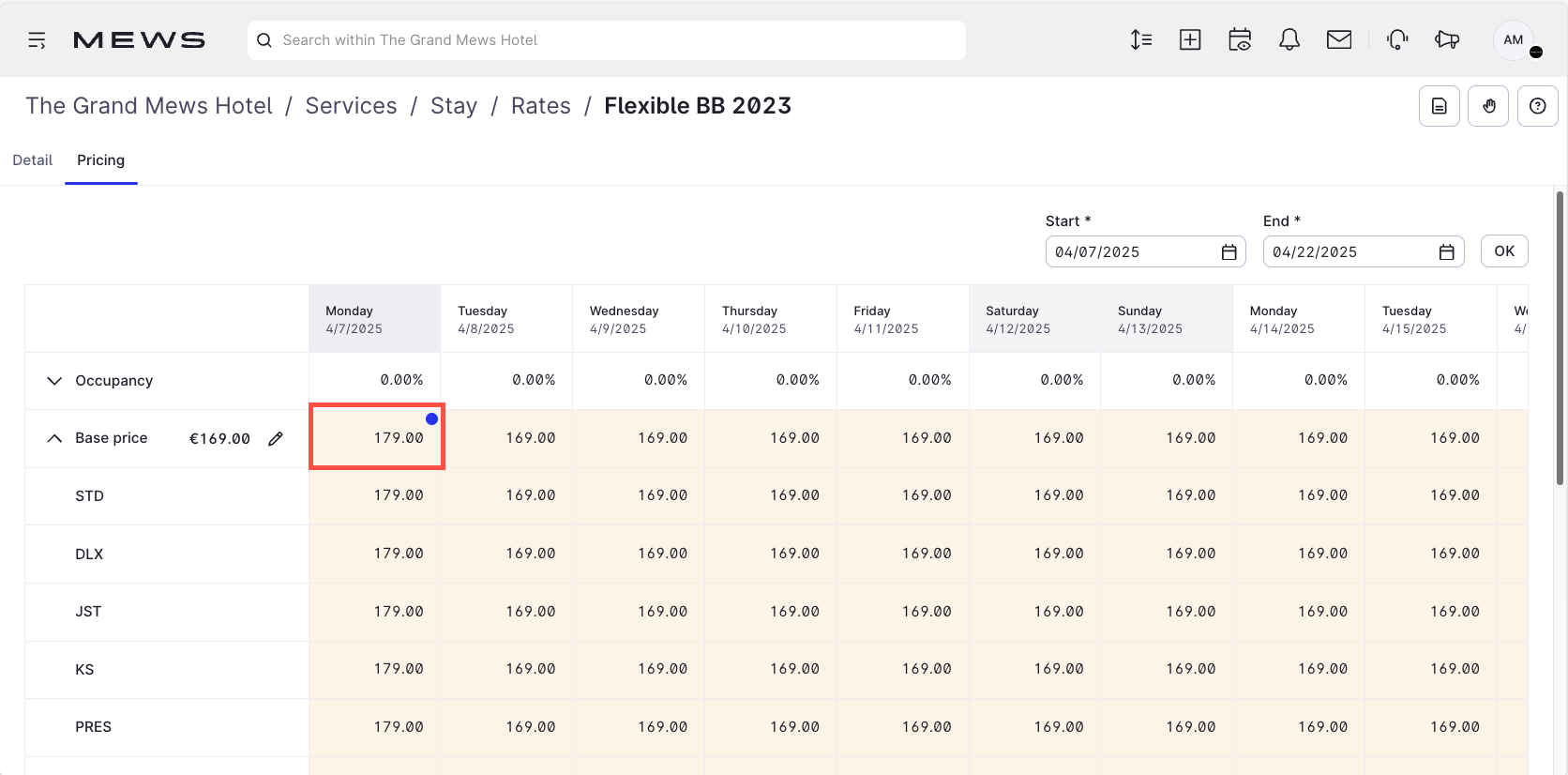 Pricing grid - blue dot adjustment