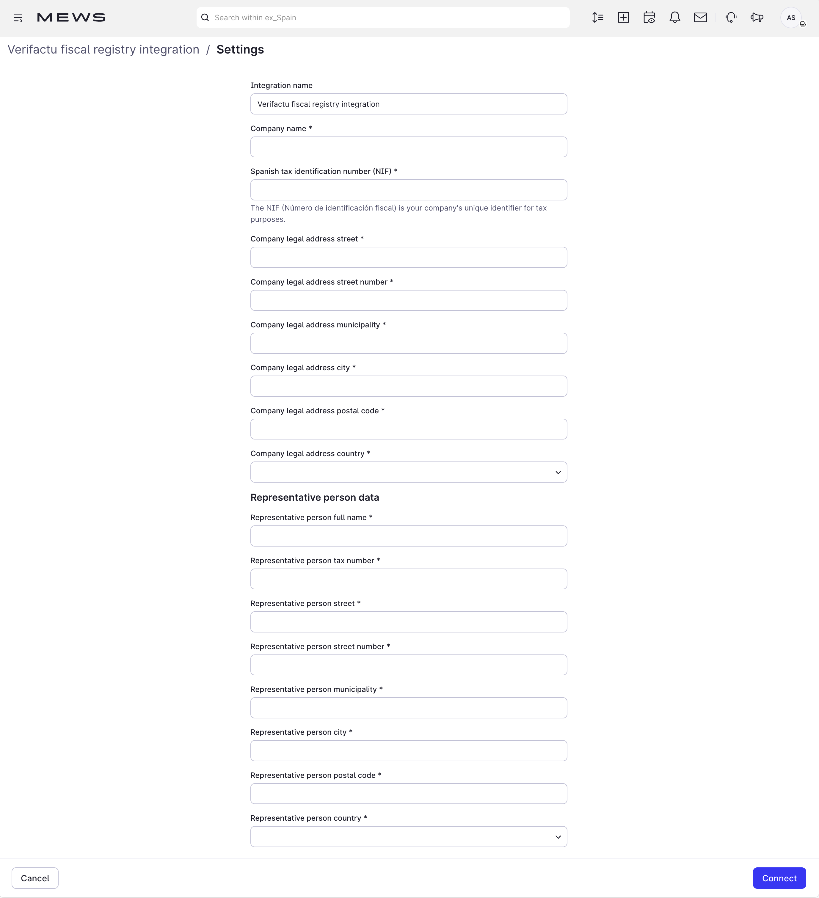 settings integration screen