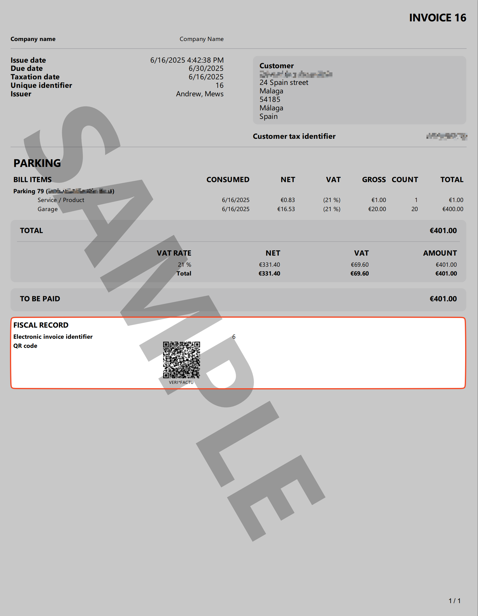 Full invoice screen