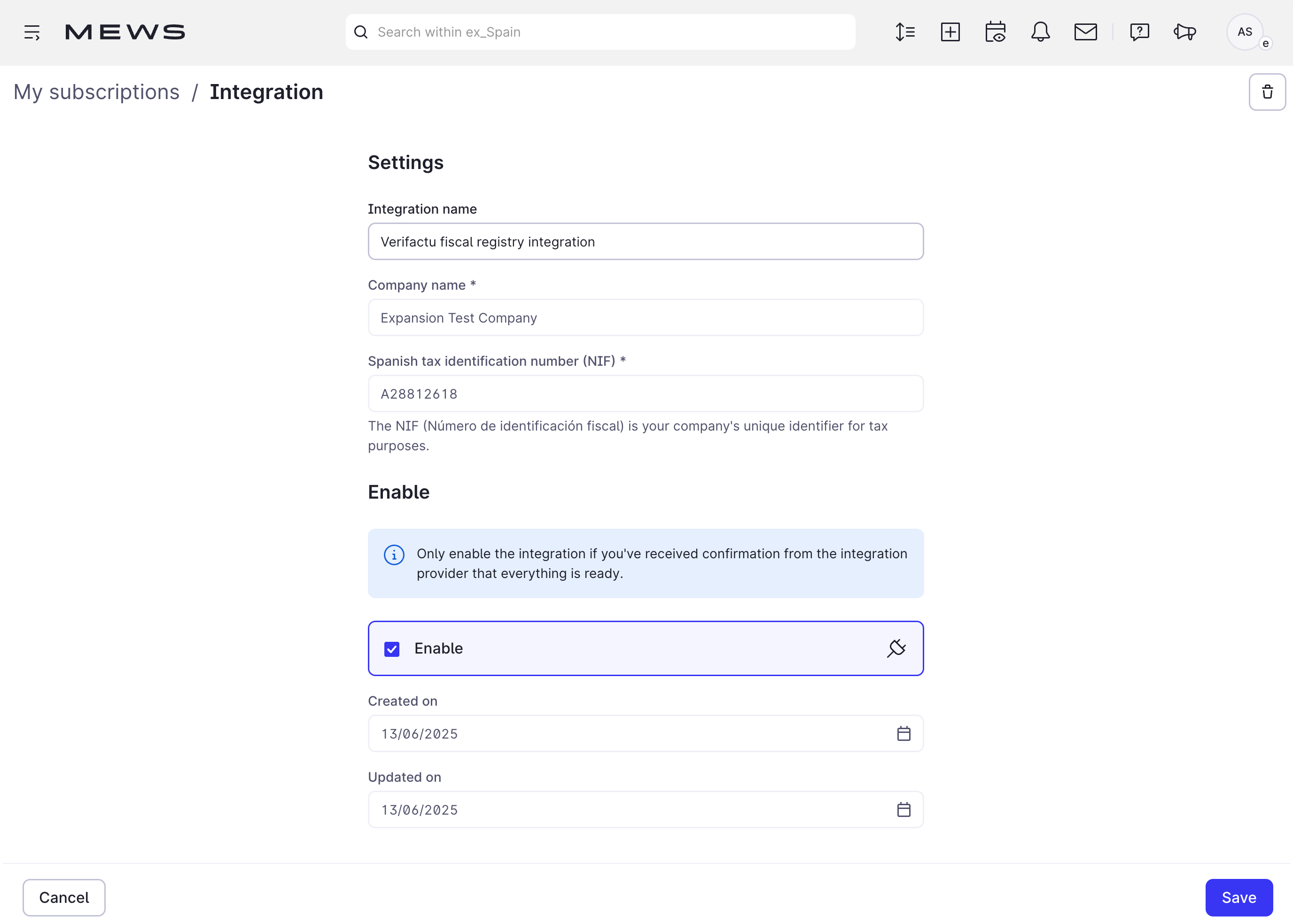 Enable checkbox integration settings screen