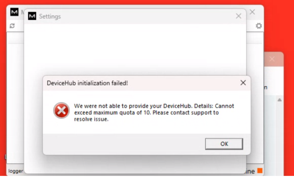 Mensaje de error de DeviceHub