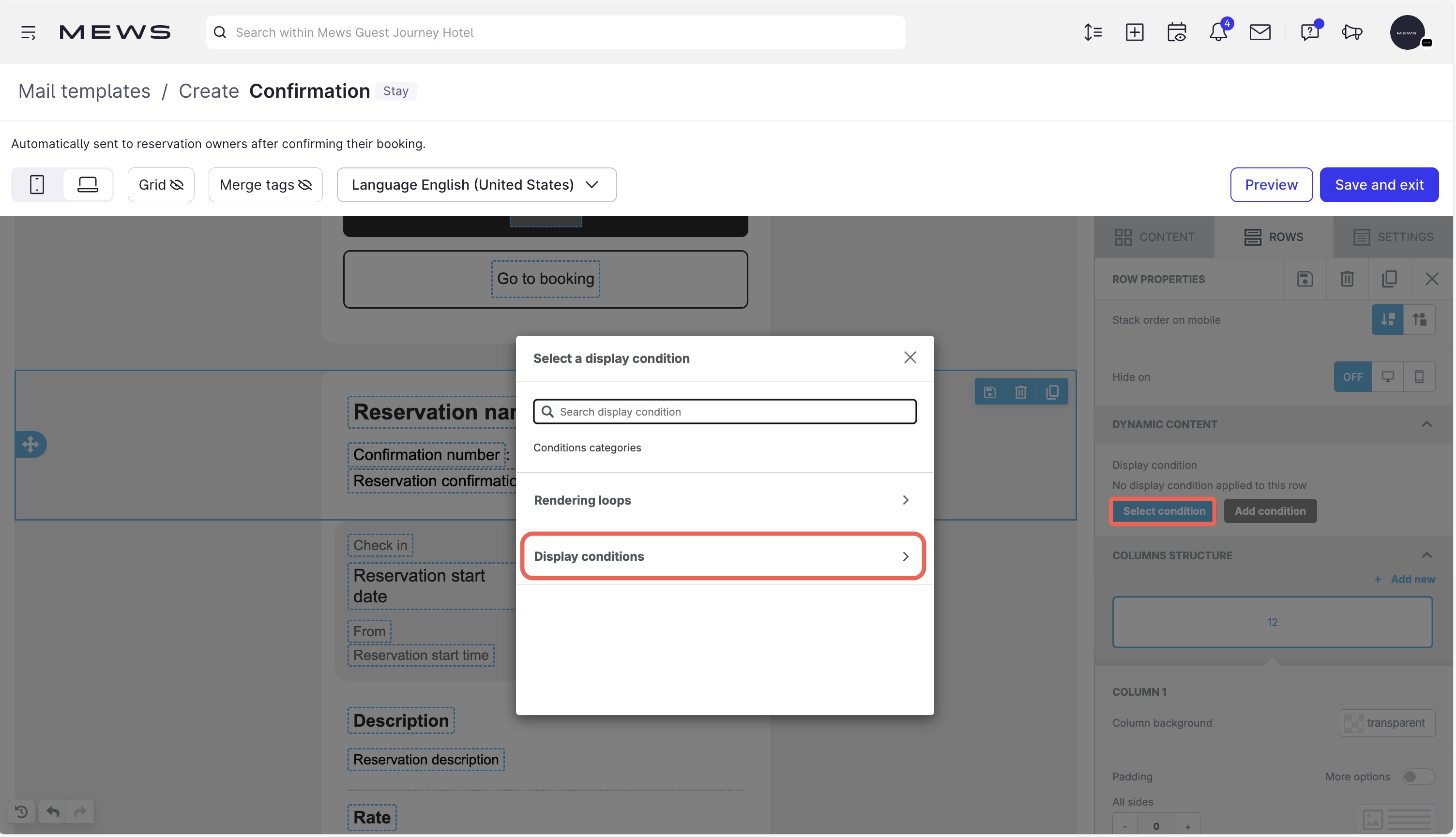 Muestra el editor de correo electrónico con una ventana emergente para seleccionar la condición de visualización. En la ventana emergente, hay un recuadro rojo que resalta el botón "Mostrar condiciones" .