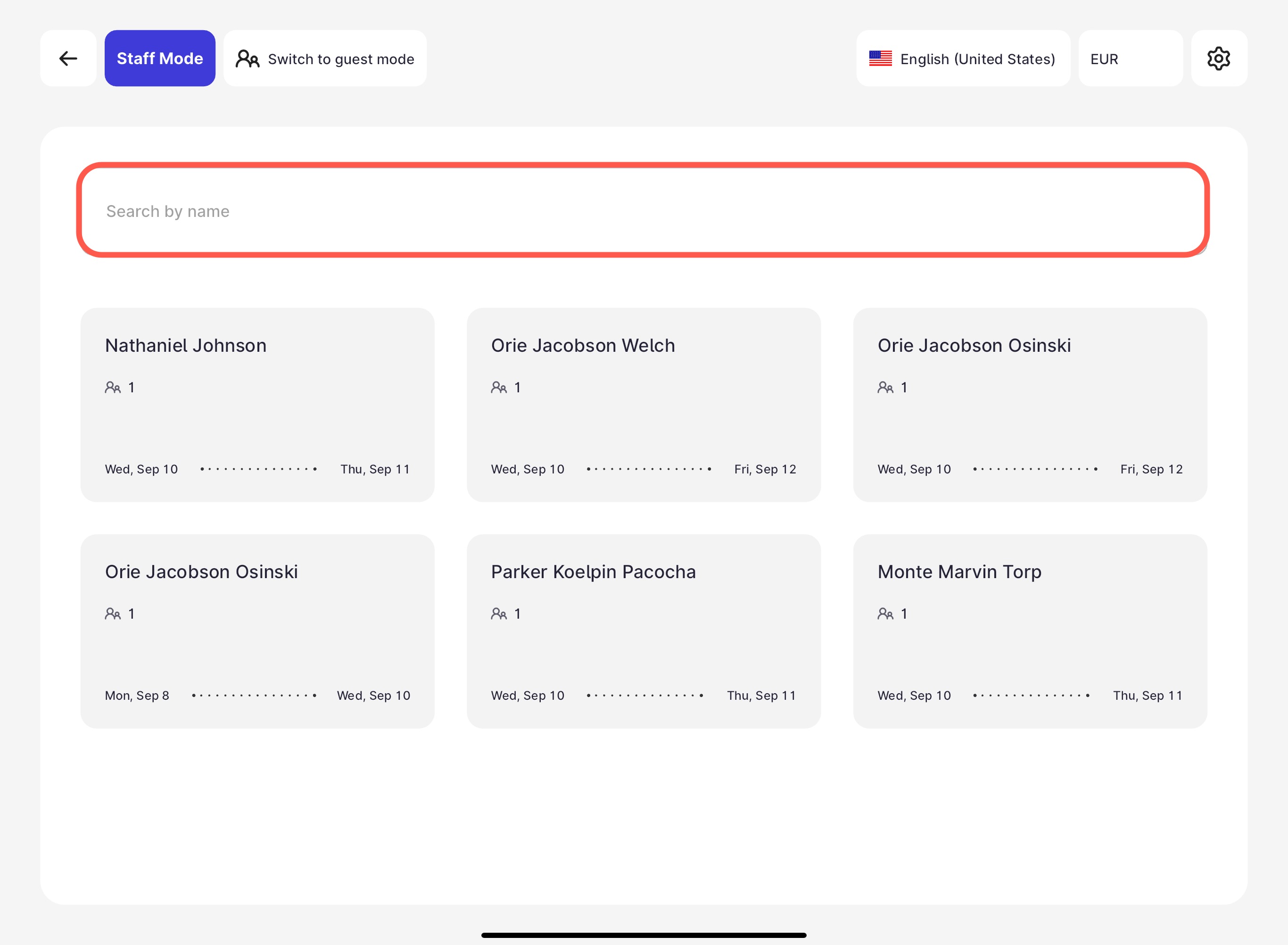 Arrival list in Mews Kiosk