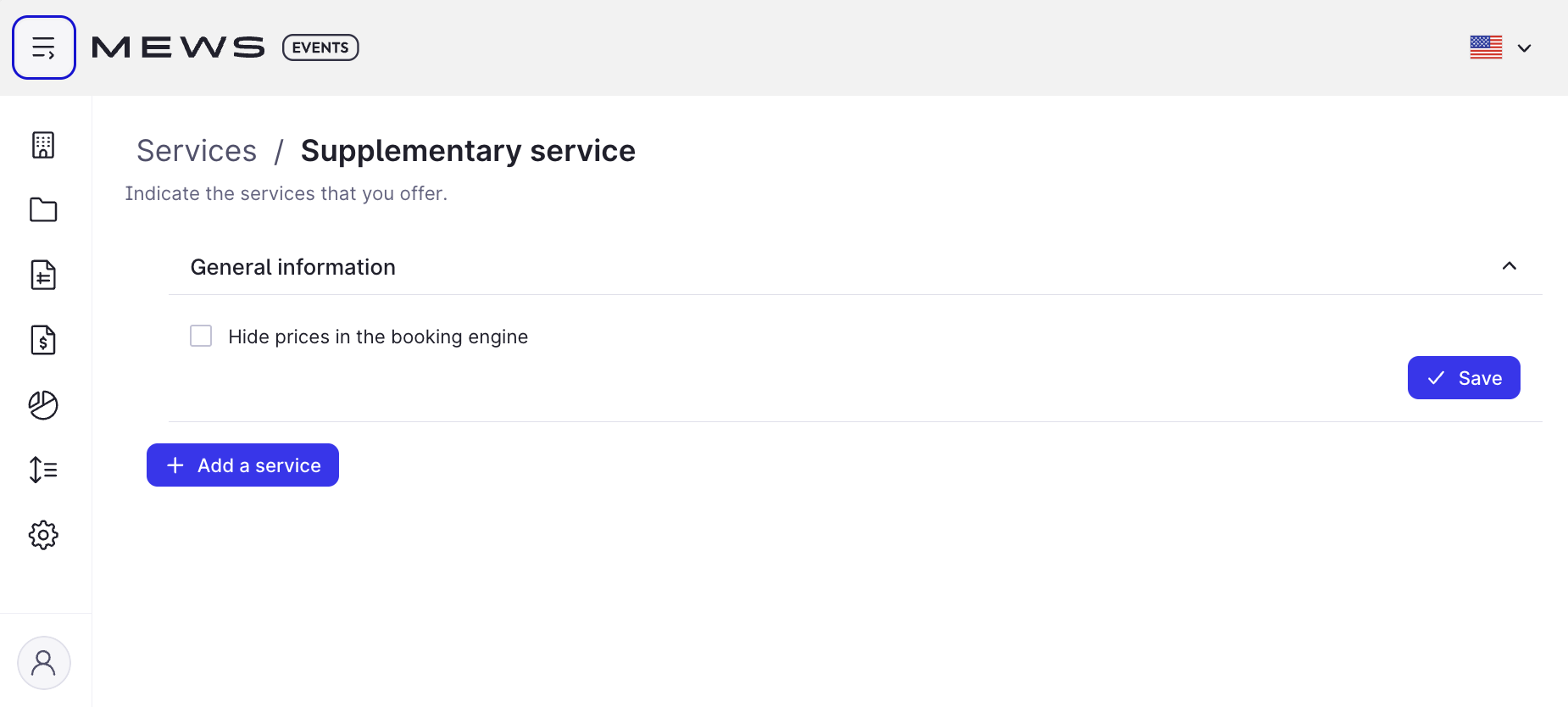 Der Bildschirm für den zusätzlichen Service unter Mews Events