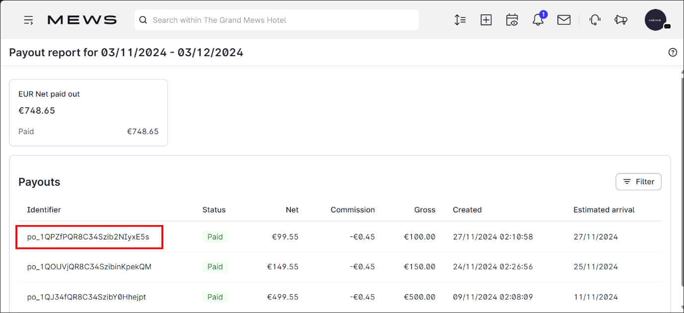 Screenshot of Mews payout report