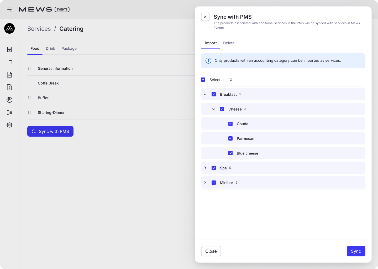 The view of the Sync with PMS modal from Mews Events