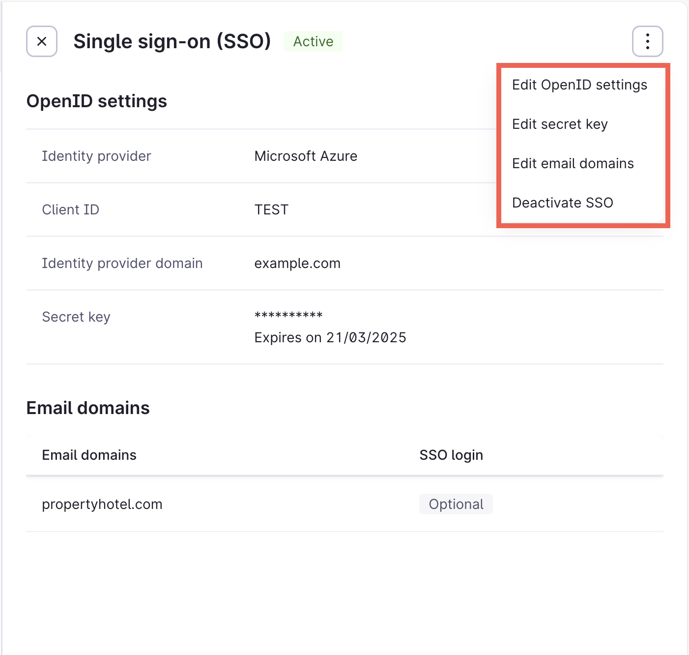 Edit SSO configuration options on Single sign-on screen