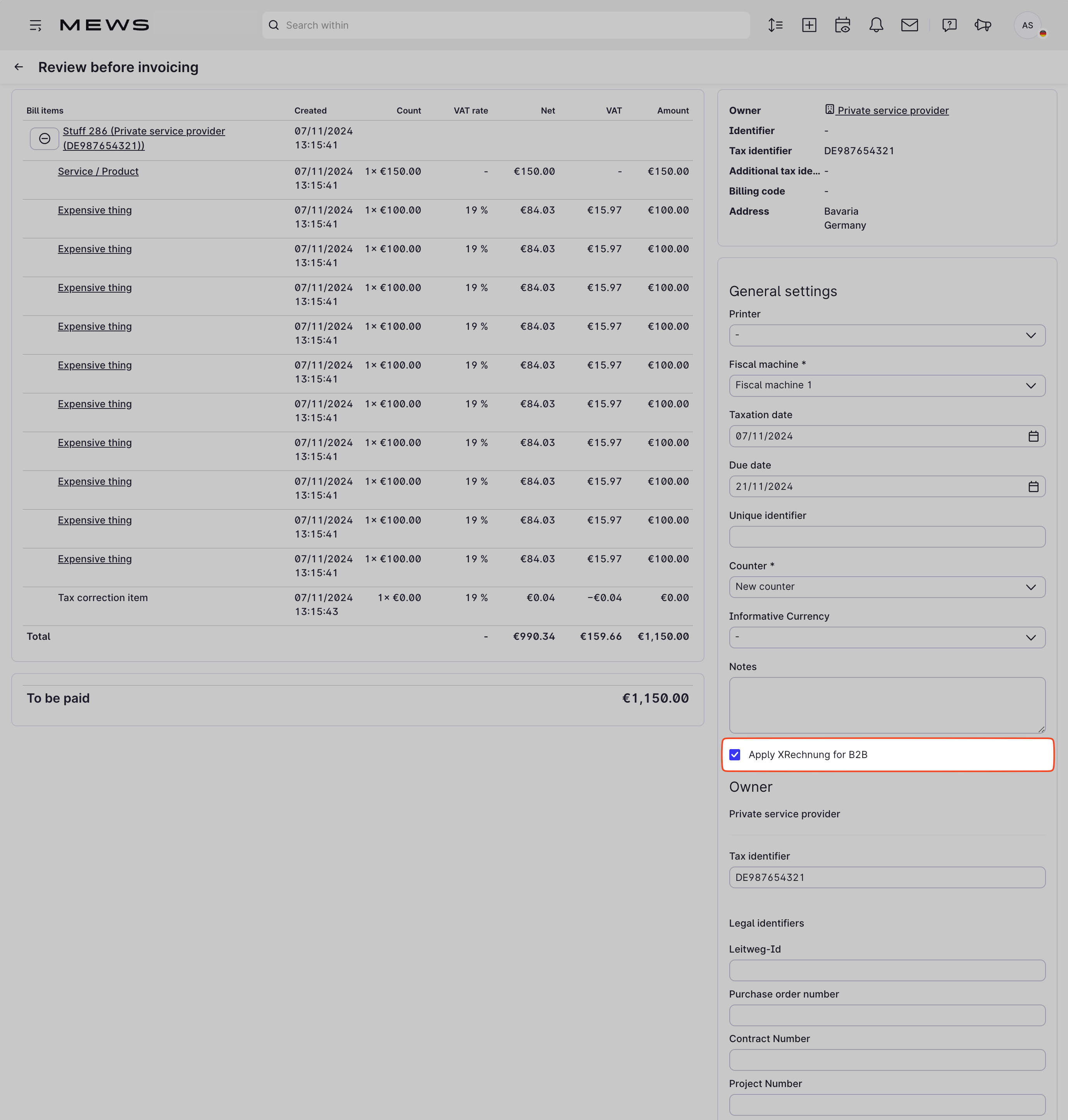 XRechnung window review before invoicing, the B2B setting applied