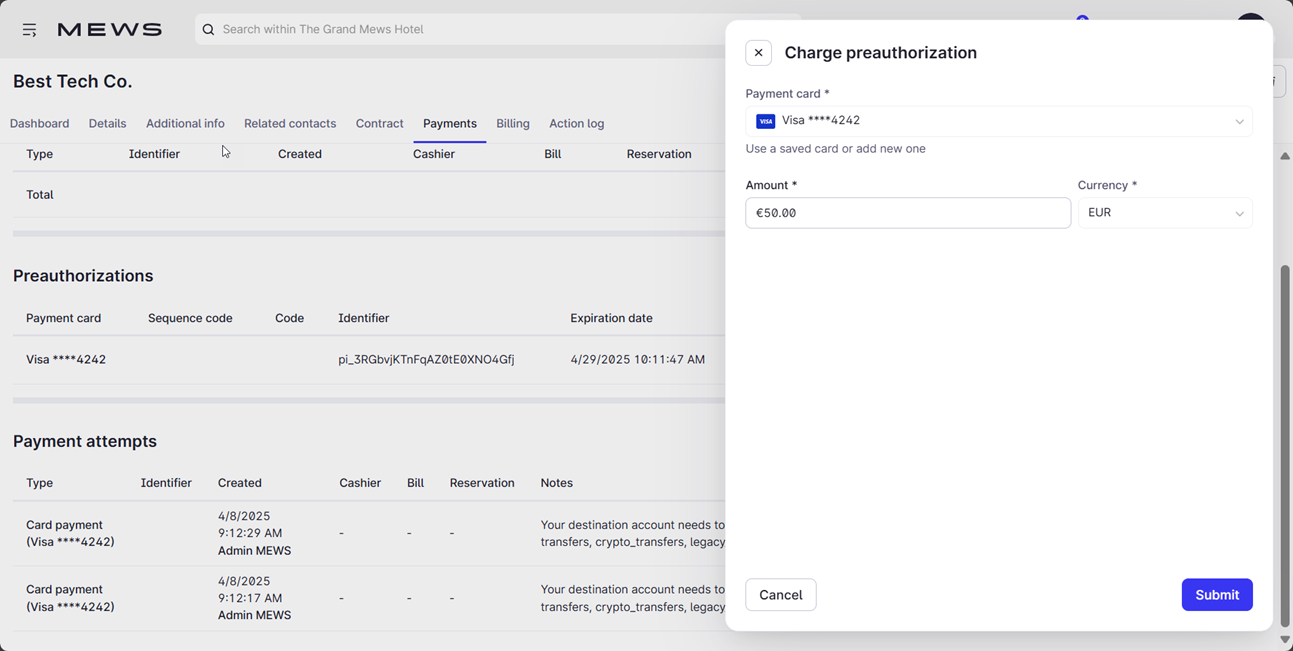 The charge preauthorization side window shows the payment method field, the amount field, and currency field, with an example charge of 50 euros.