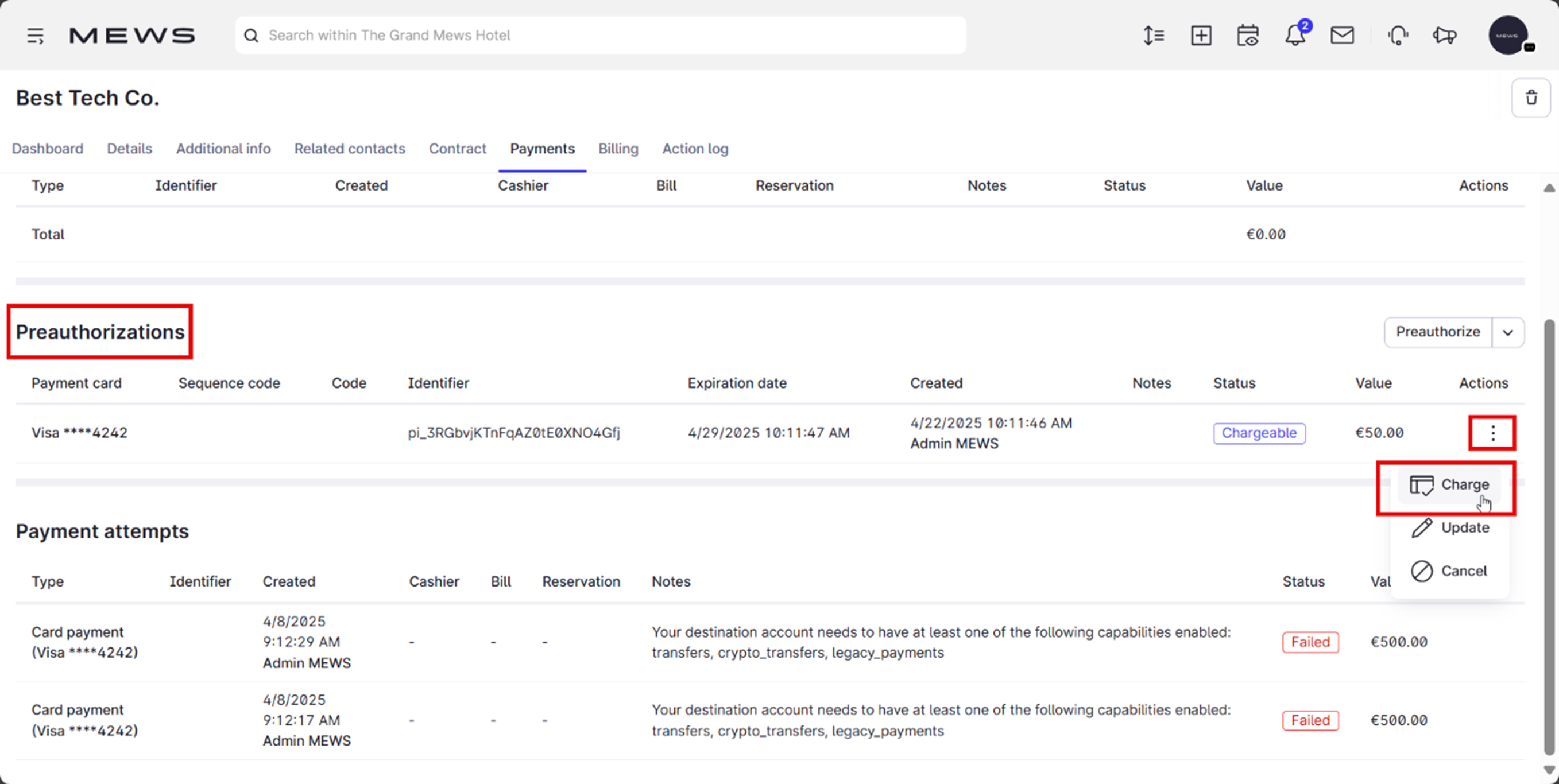 A red box highlights the Preauthorizations section of the overview page. A red box highlights the three vertical dots icon in the actions column, and then highlights the Charge button from the dropdown menu.