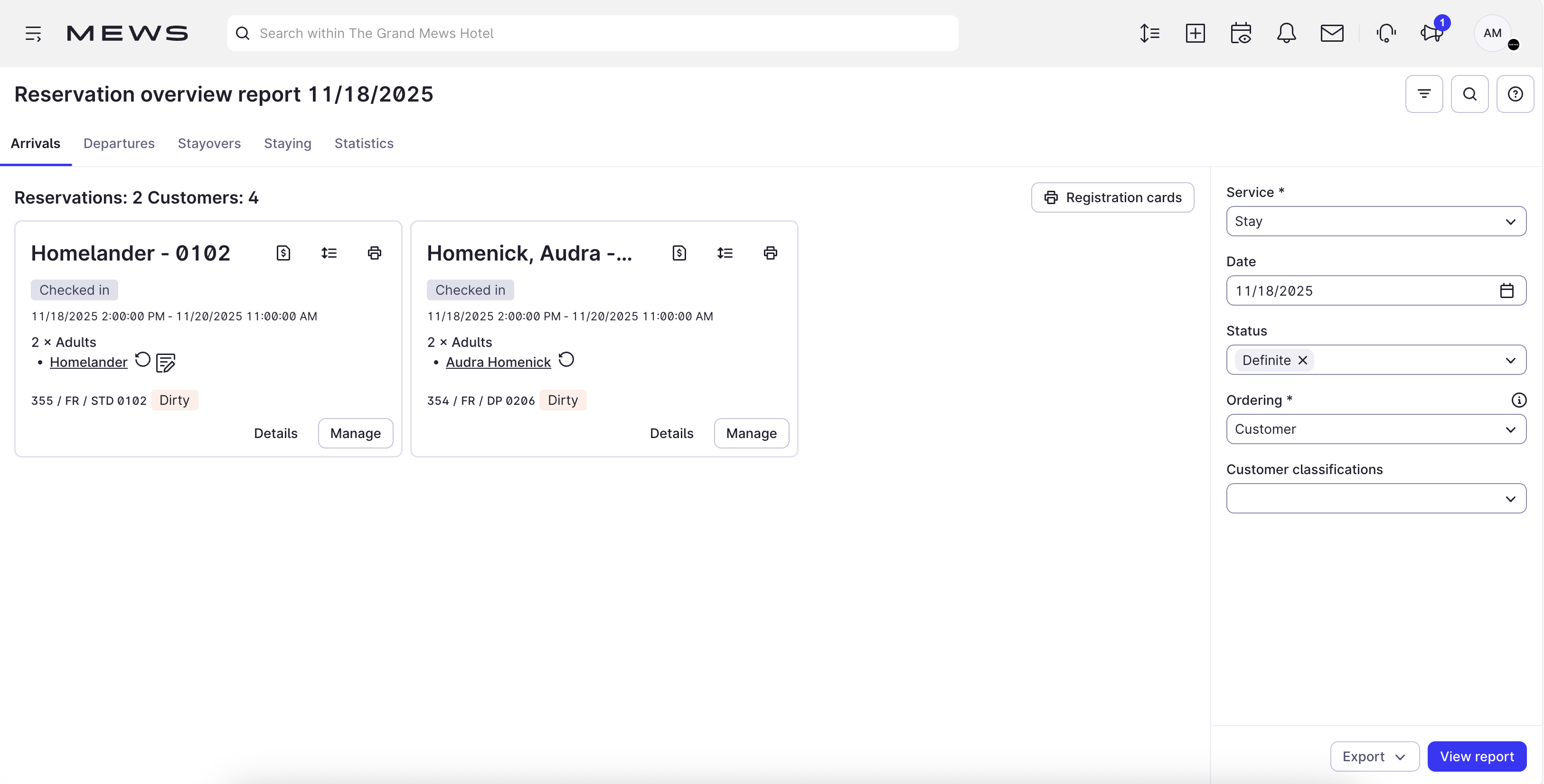 reservation overview screen