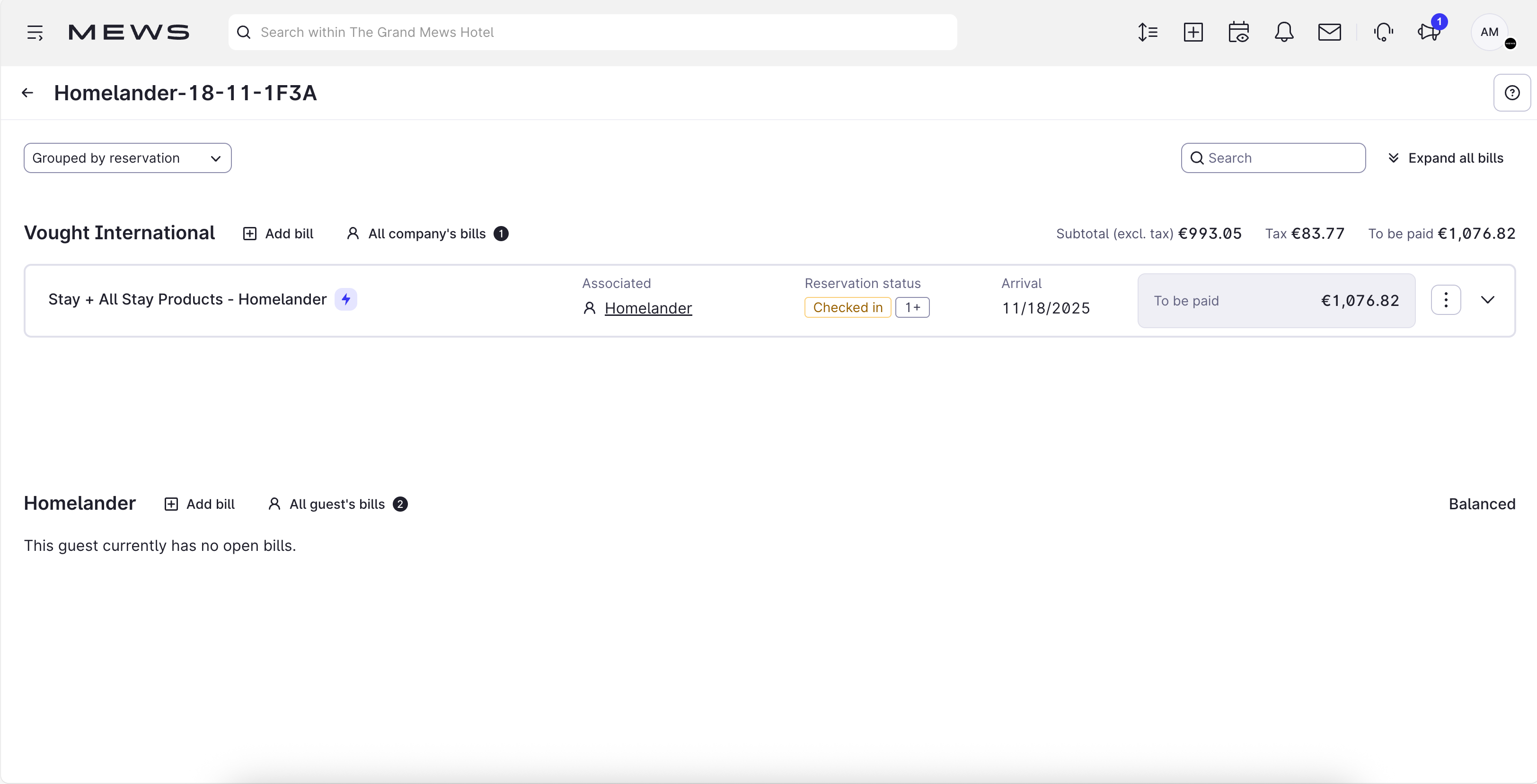 Billing tab, reservation overview