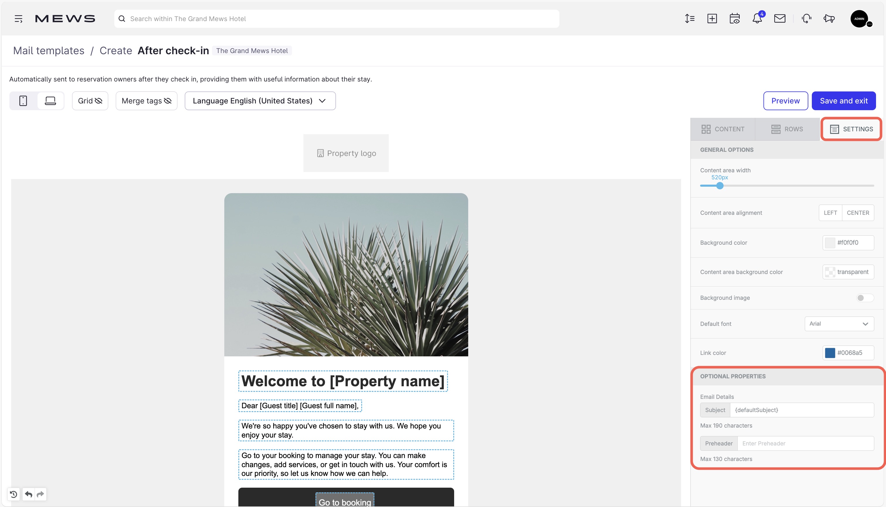 Displays an email draft, there is a red box highlighting the "Settings" tab and the "Optional properties" section in the side-window.