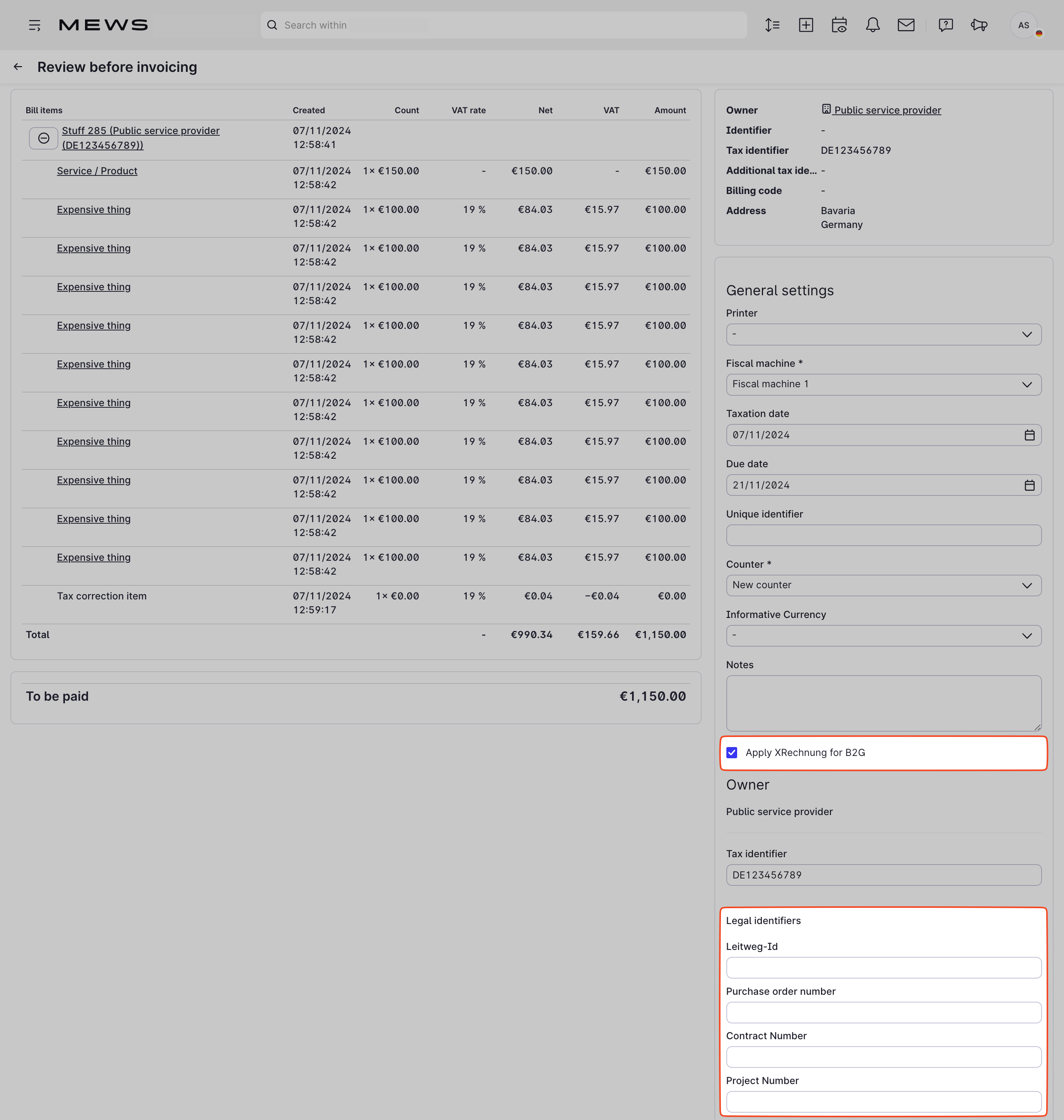 XRechnung window review before invoicing, the B2G setting applied