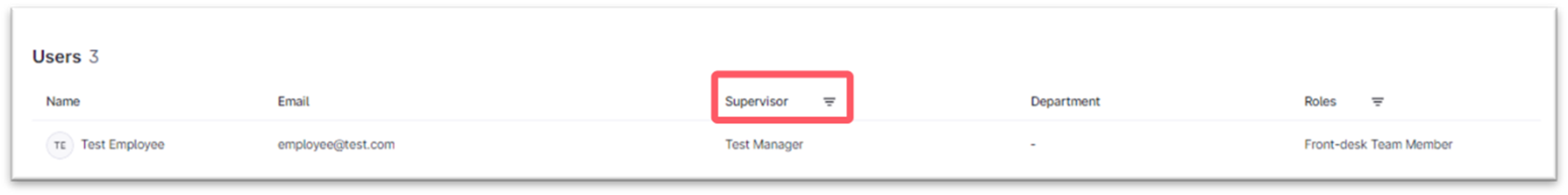 The users list in Mews University. A red box highlights the Supervisor column.