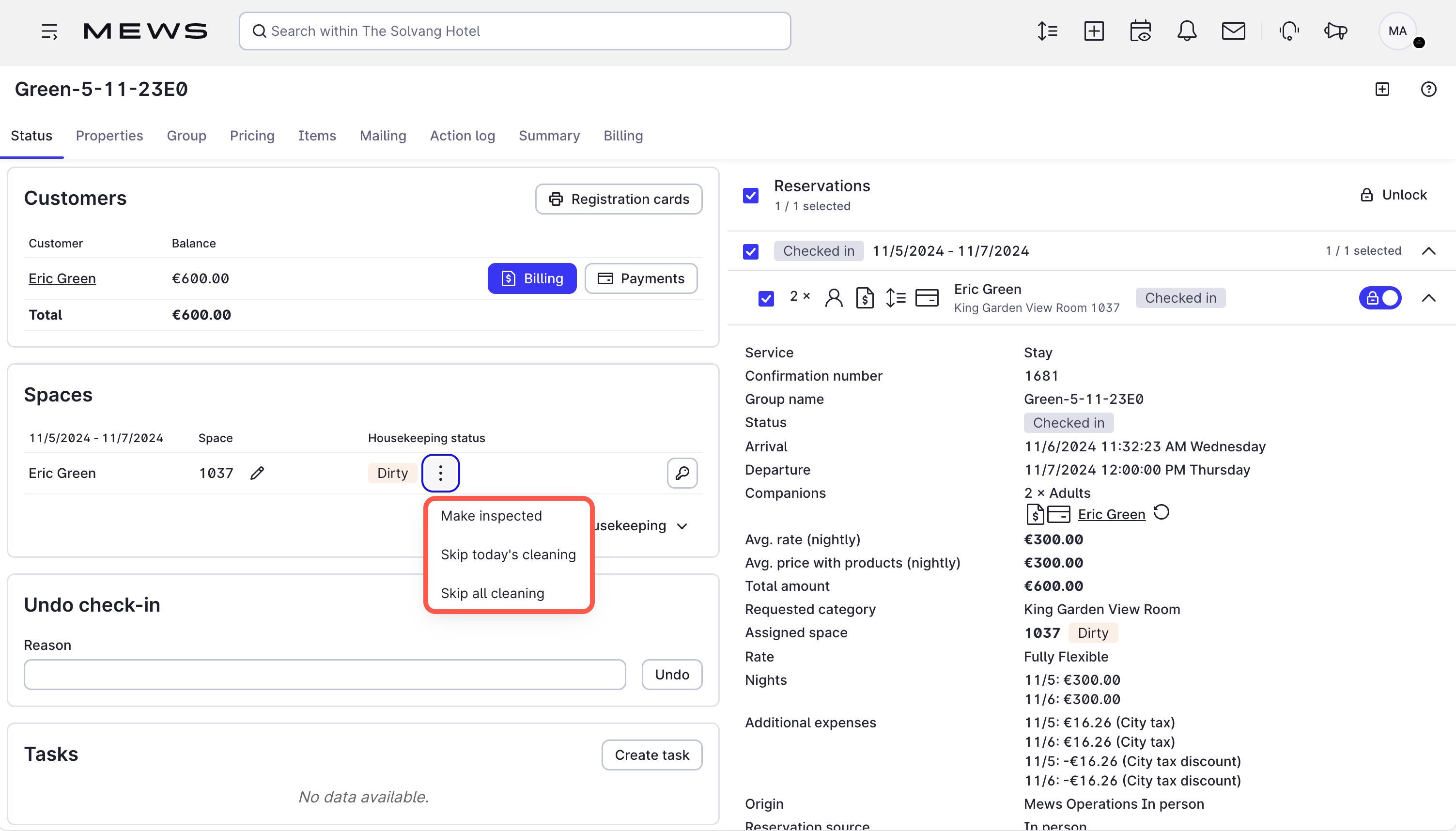 Tab "Status" mit den Optionen für das Überspringen der Reinigung
