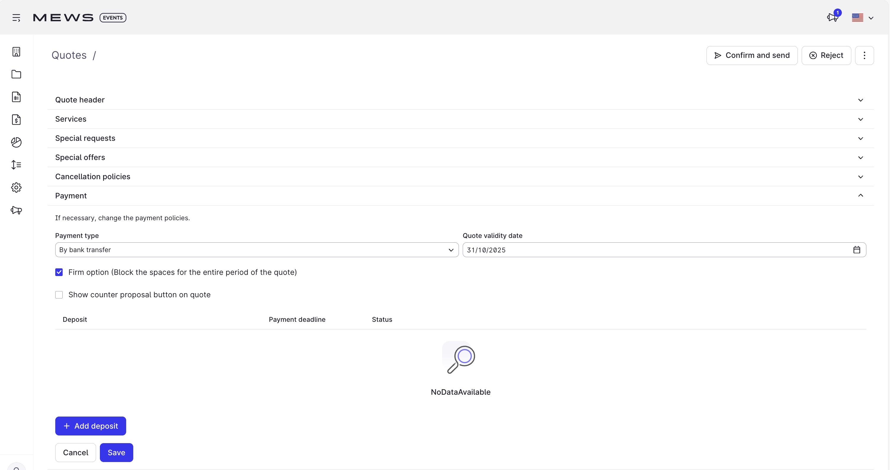 Payment screen in quote creation for Mews Events