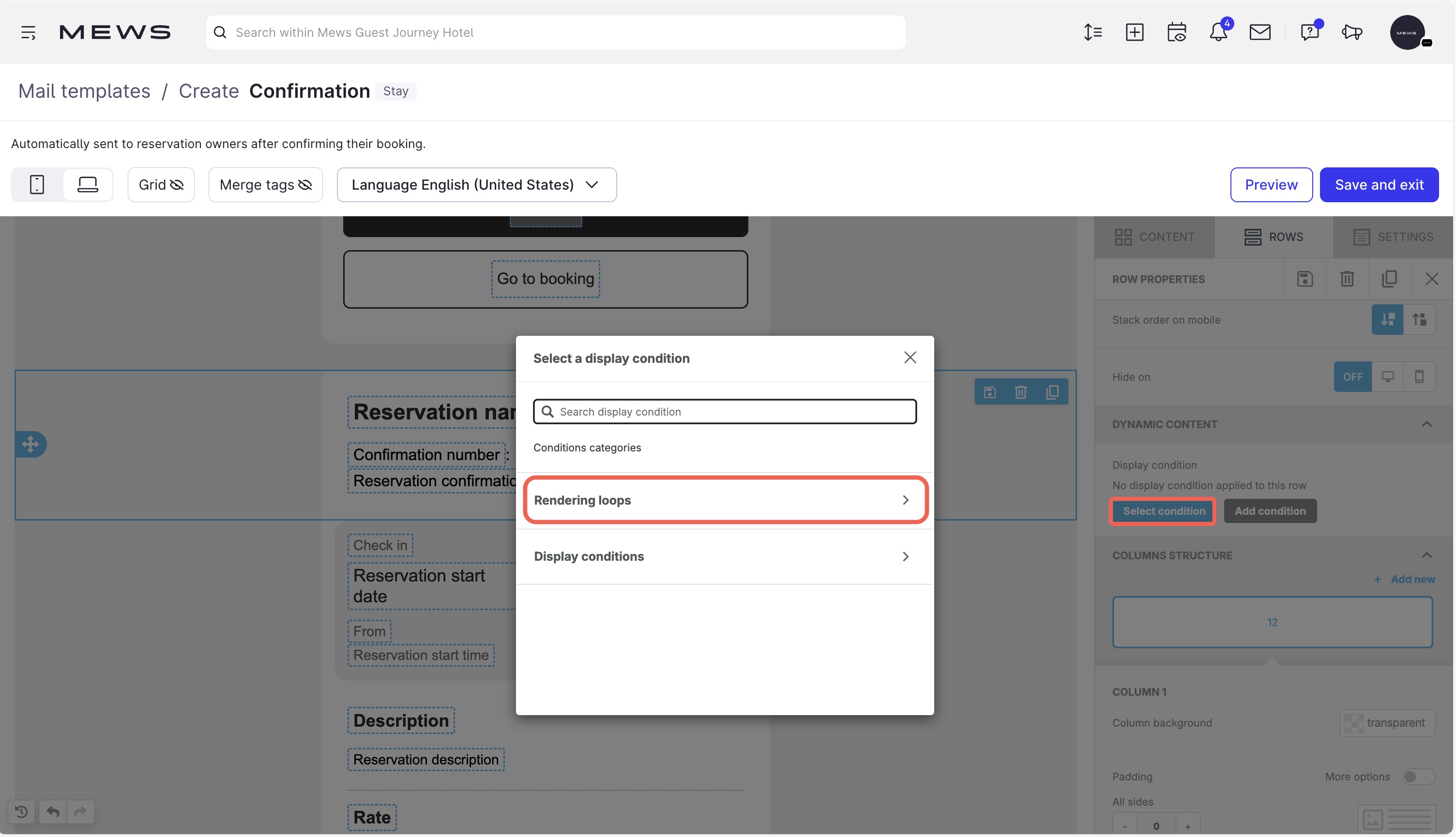 Affiche un brouillon d'e-mail avec une fenêtre contextuelle "Sélectionnez une condition d'affichage" . Un encadré rouge met en évidence le bouton "Rendering loops" .