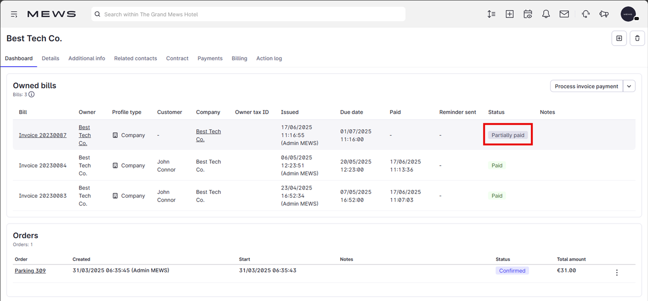 The owned bills section of a company profile dashboard. A red box highlights an invoice with the status of 'Partially paid'