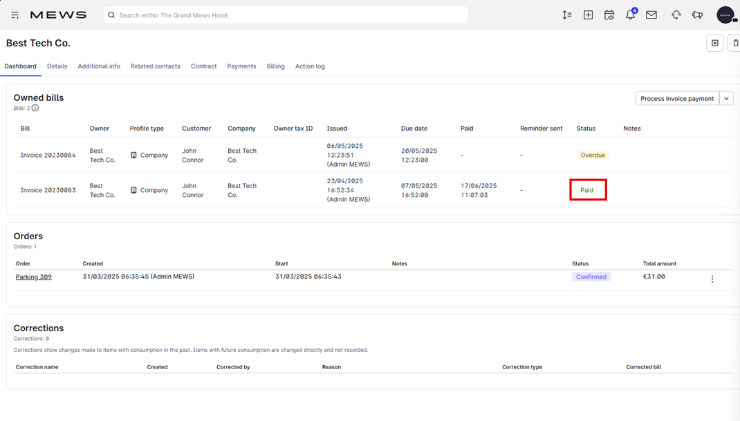 The owned bills section of a company profile dashboard. A red box highlights an invoice with the 'Paid' status.
