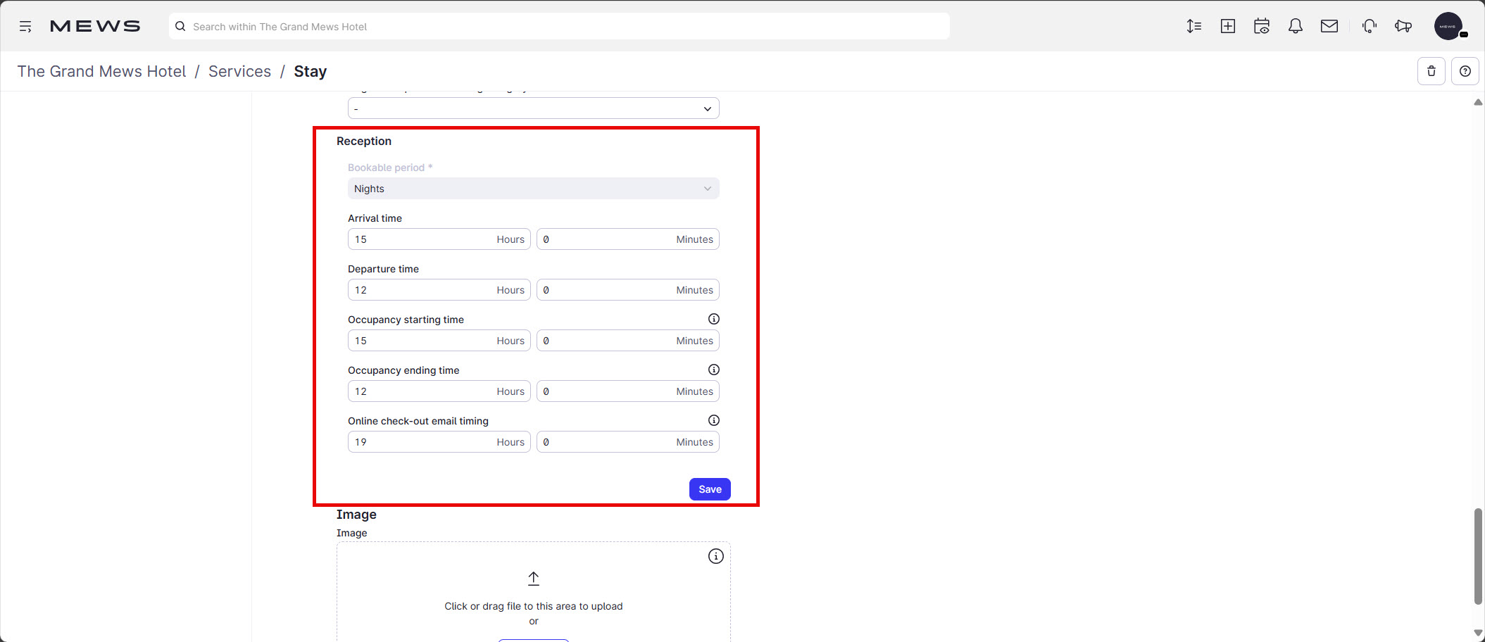 La section réception de la page de configuration des services réservables.