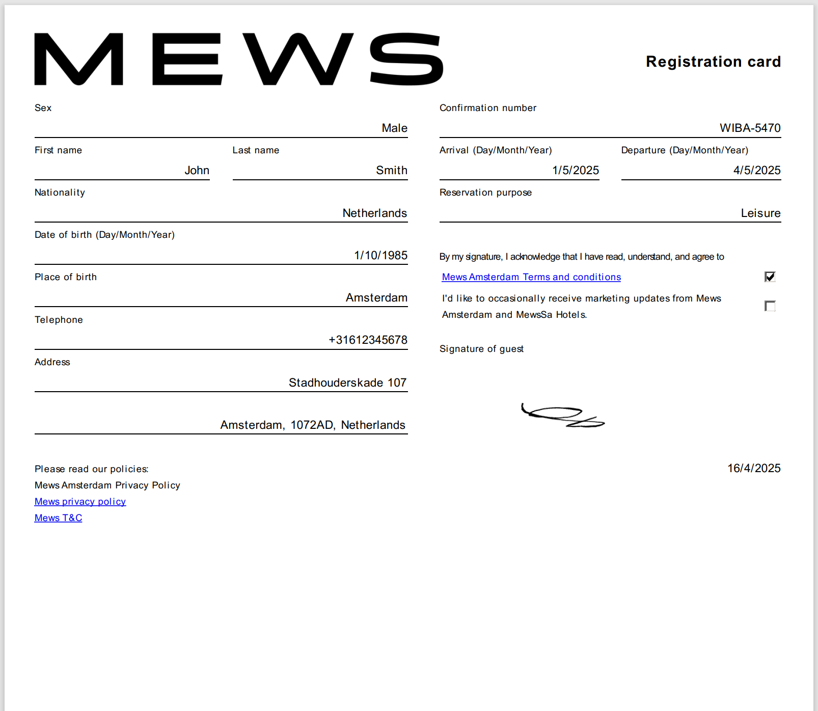 example registration card