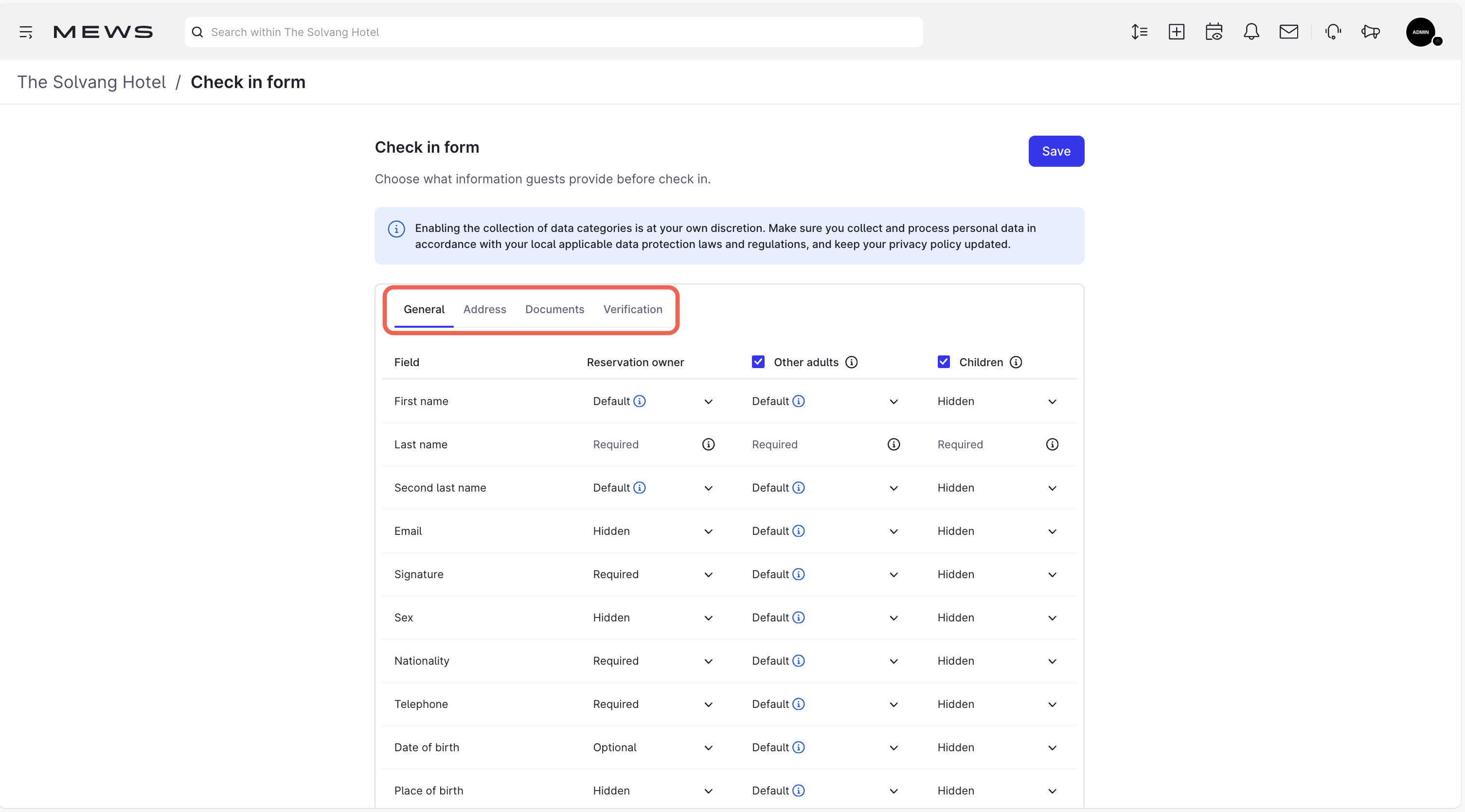 Check in form screen
