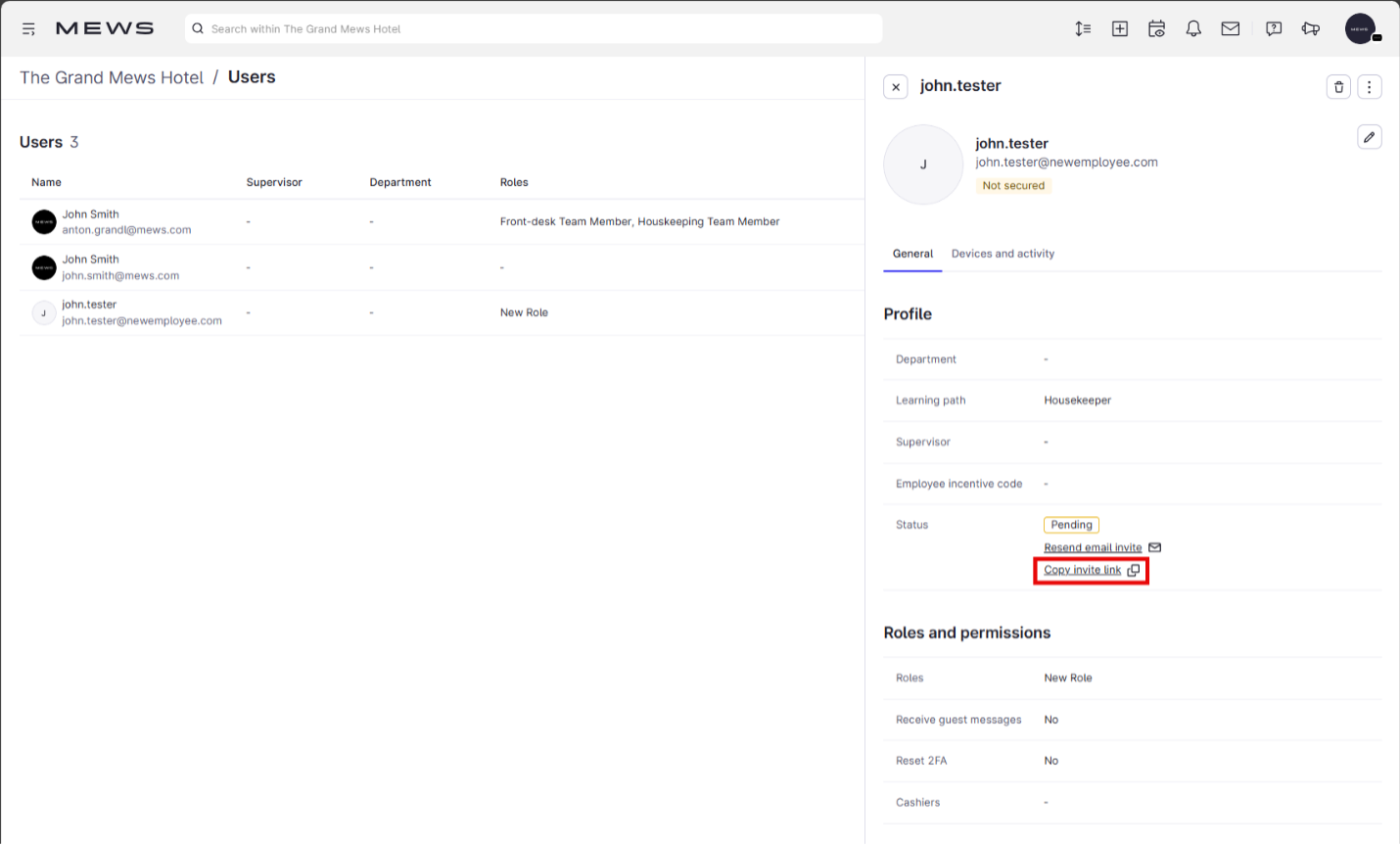 copy link shortcut on Users detail screen