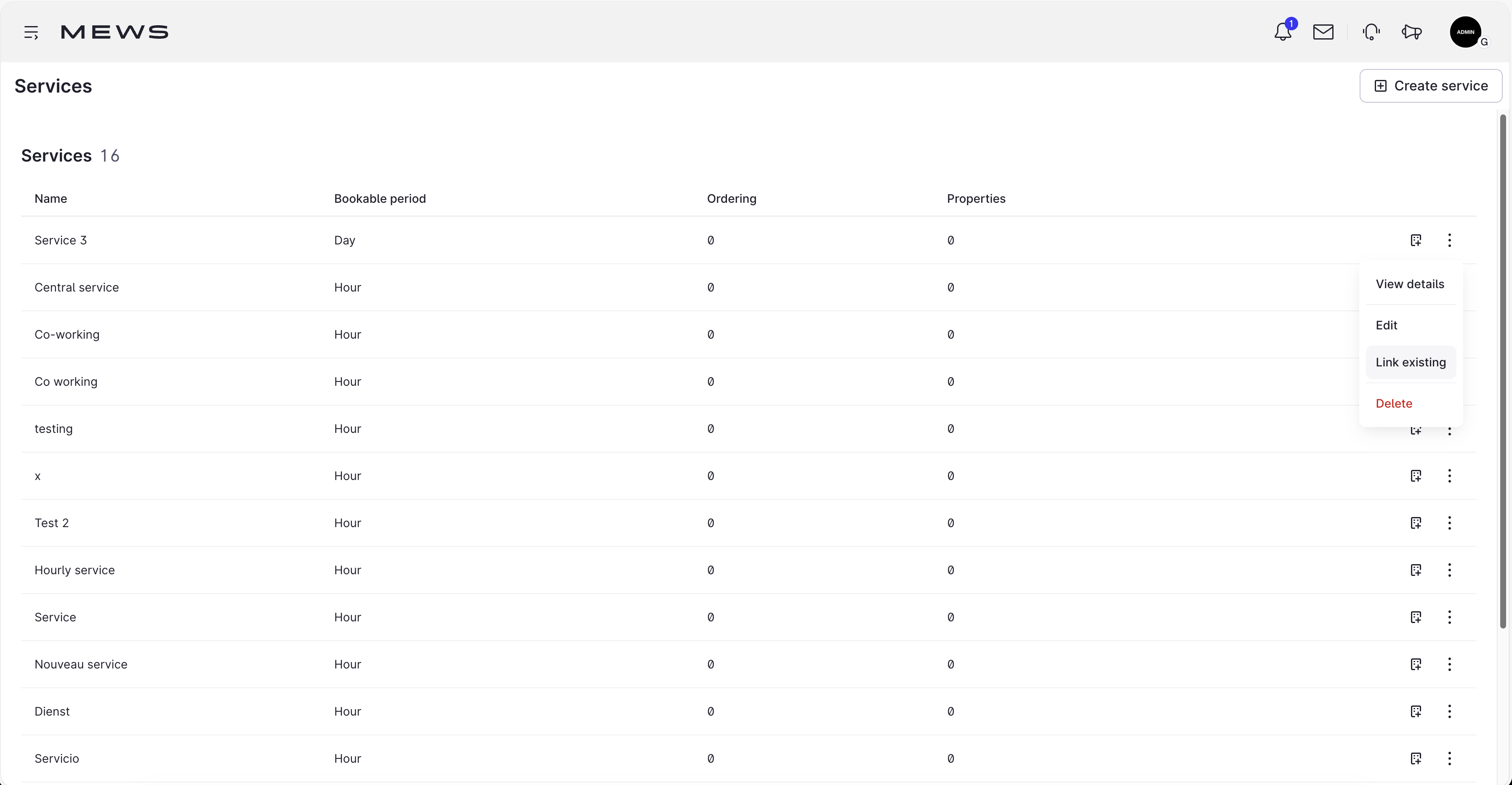 more actions services screen