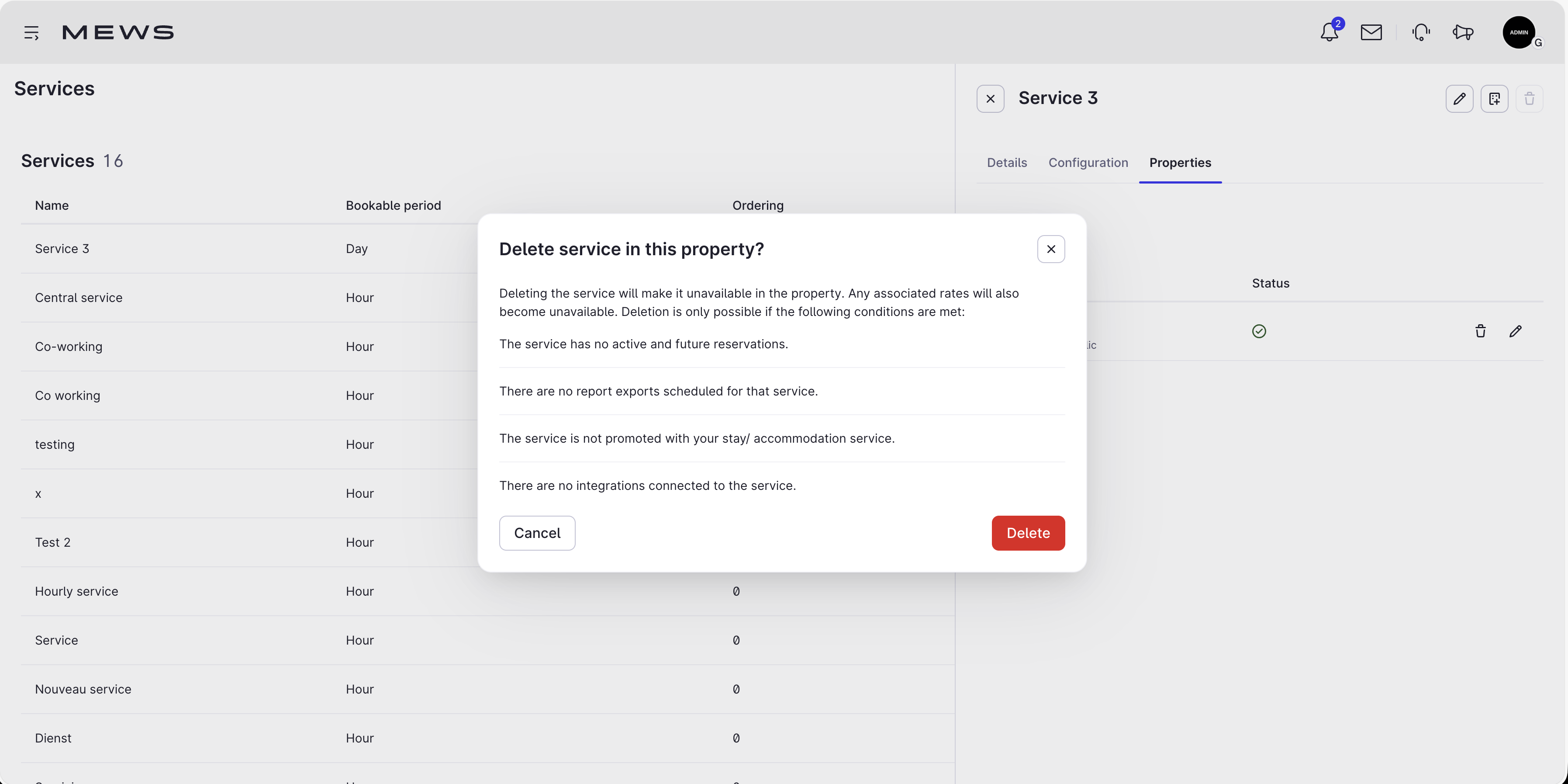 confirm deletion service from property