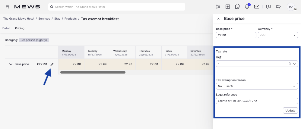 Product rate details view in Mews Operations