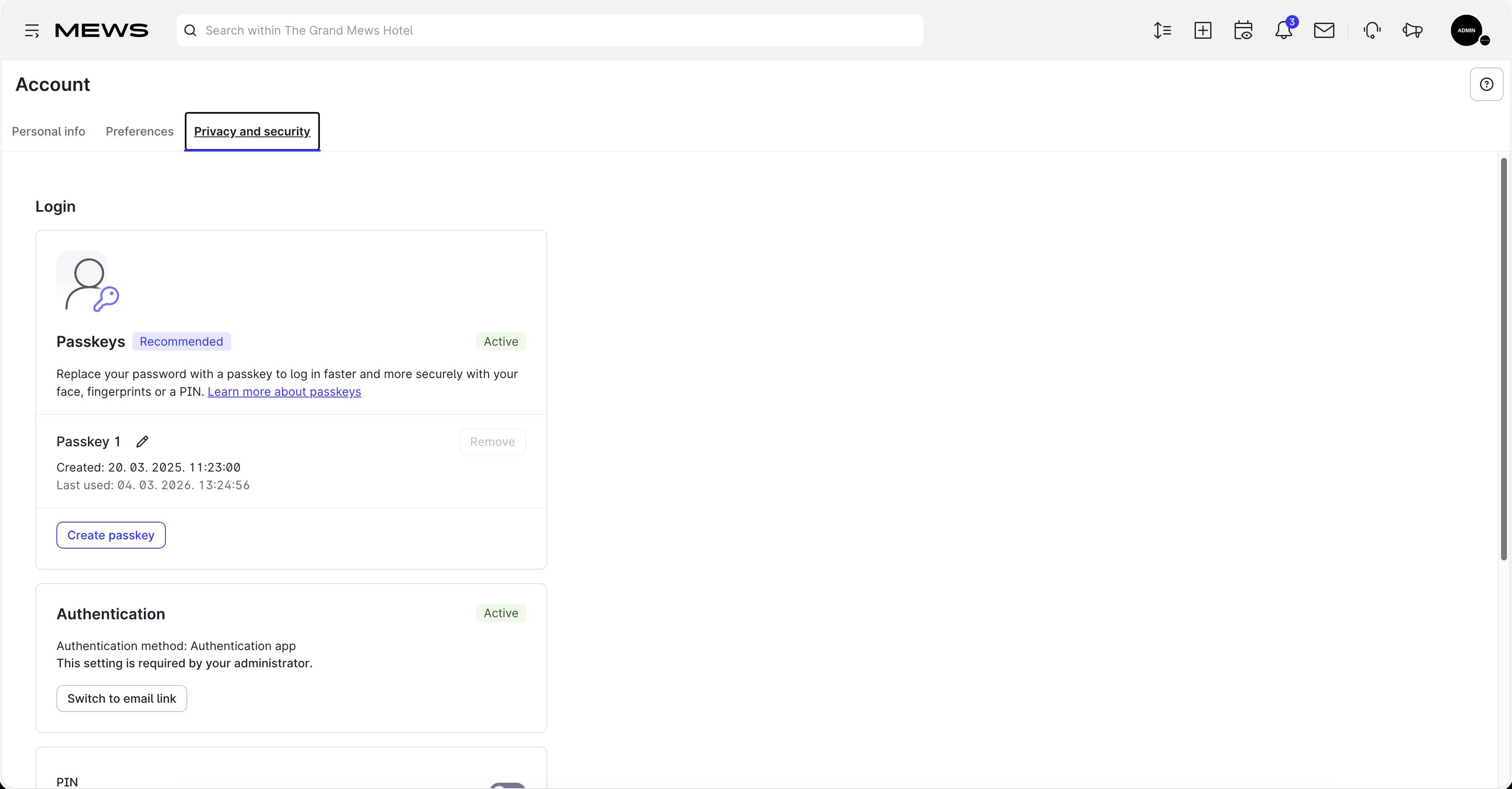 Privacy security screen - mews user account