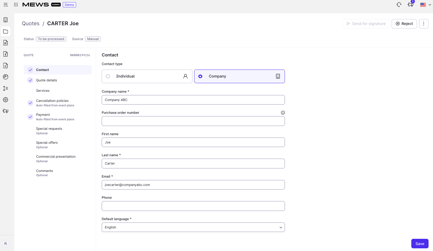Quote configuration Contact