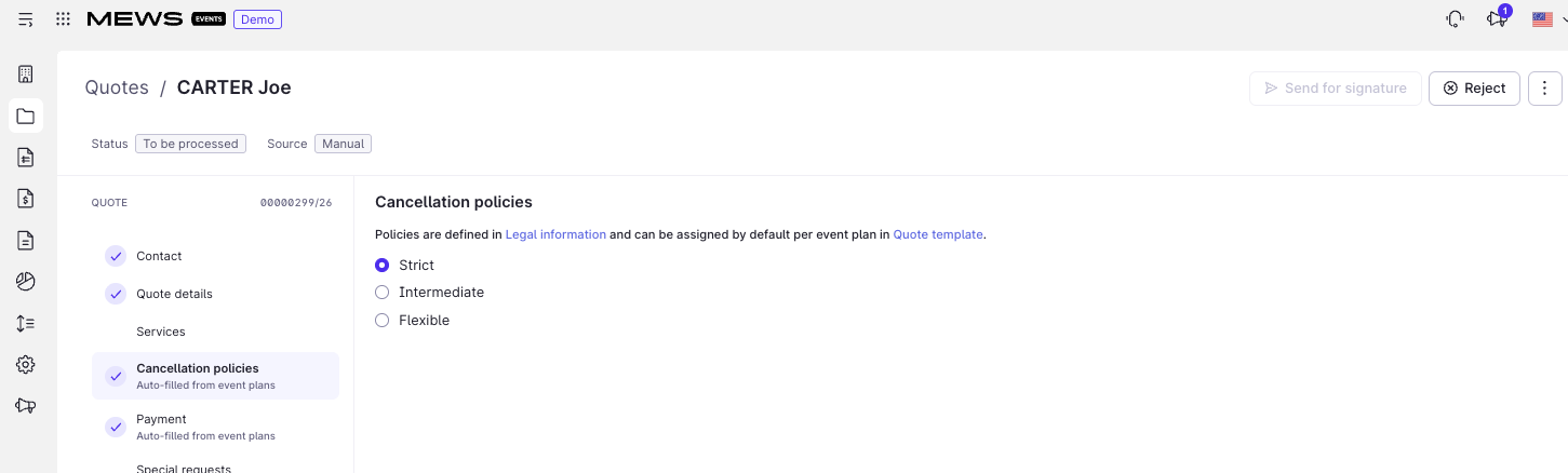 Quotes screen Cancellation policies