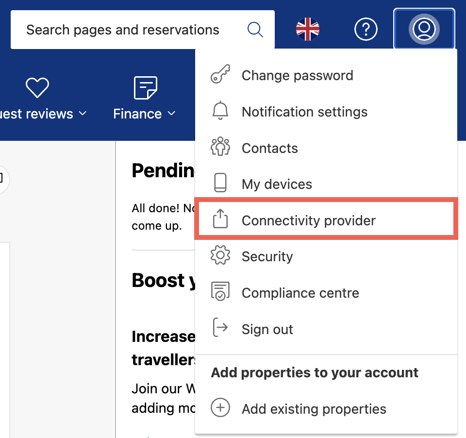 Booking.com portal menu
