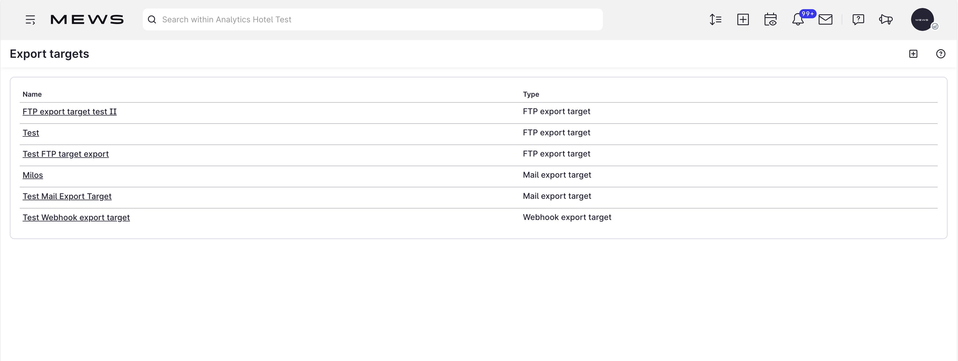 Export targets screen